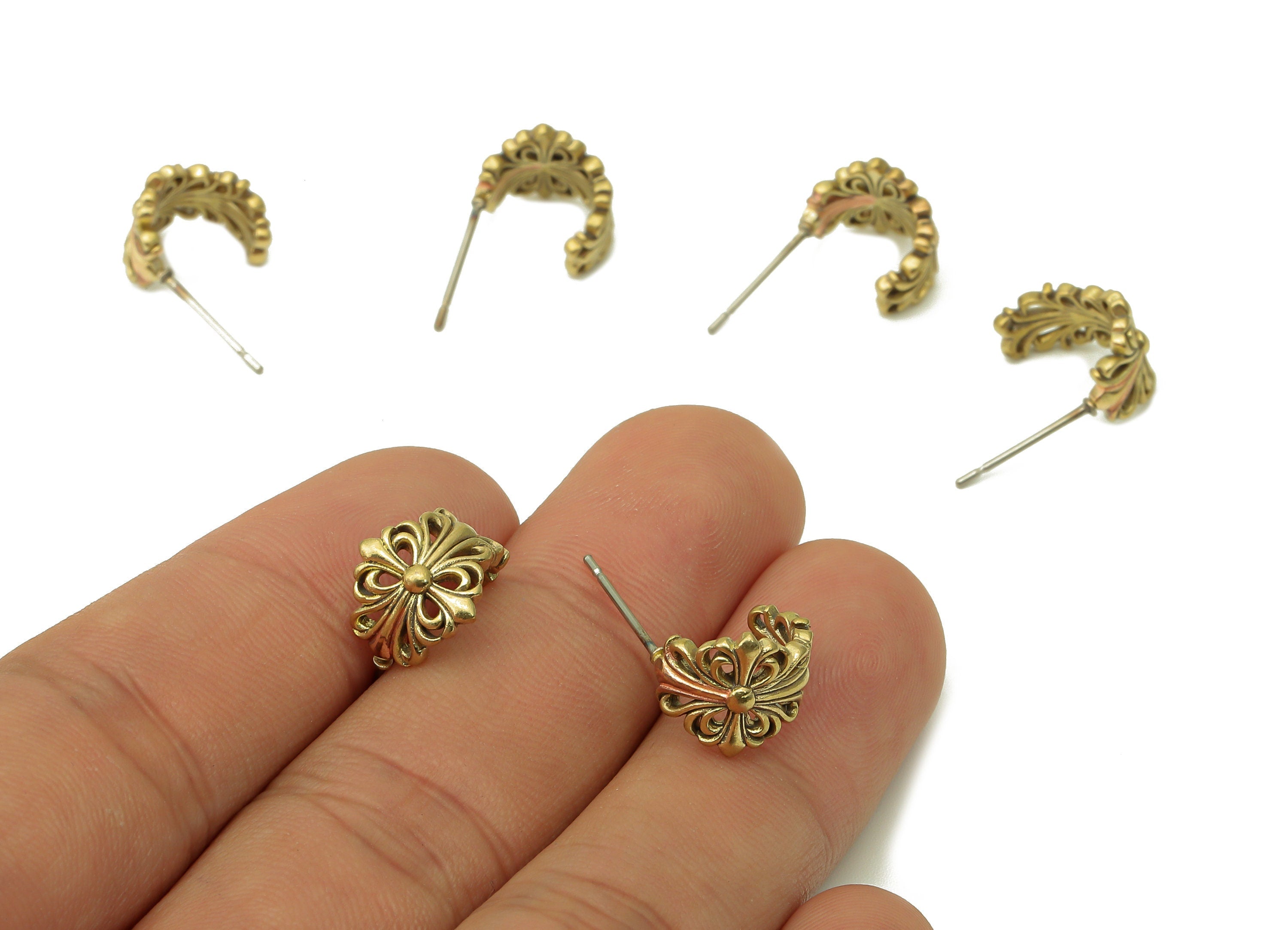 Brass Flower Open Hoop Earring Stud - Raw Brass Coronet C Earring Post - Crown Stud Earring - 316 Stainless Steel Stud - 19x12x2mm - PP8157 - DOMEDBAZAAR