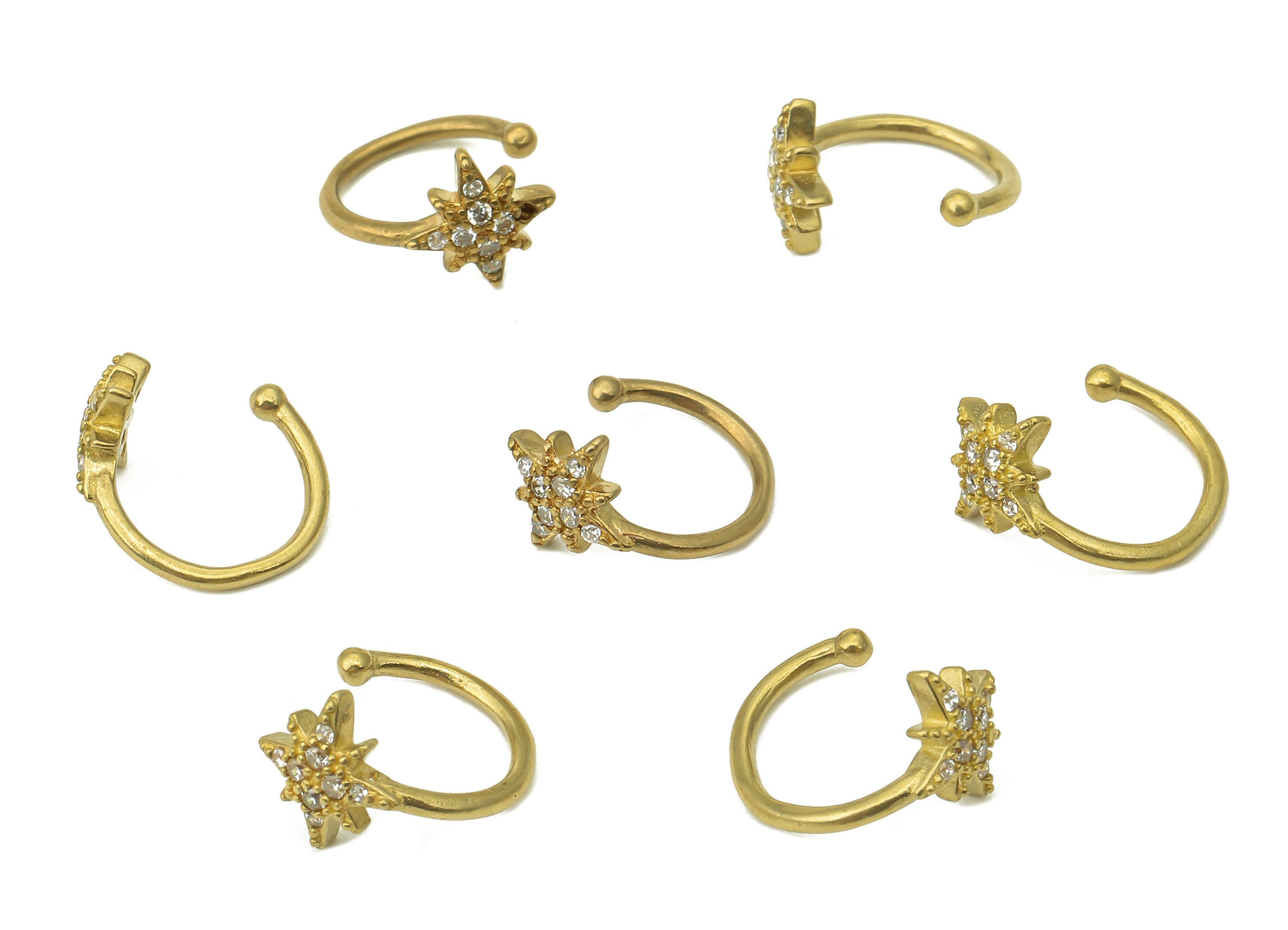 Brass Mini Star Open Round C Ring - Raw Brass Cartilage Earring With Zircon - Mini Planet Huggie Hoop Earring - 12.6x11.3x2.1mm - PP8159 - DOMEDBAZAAR