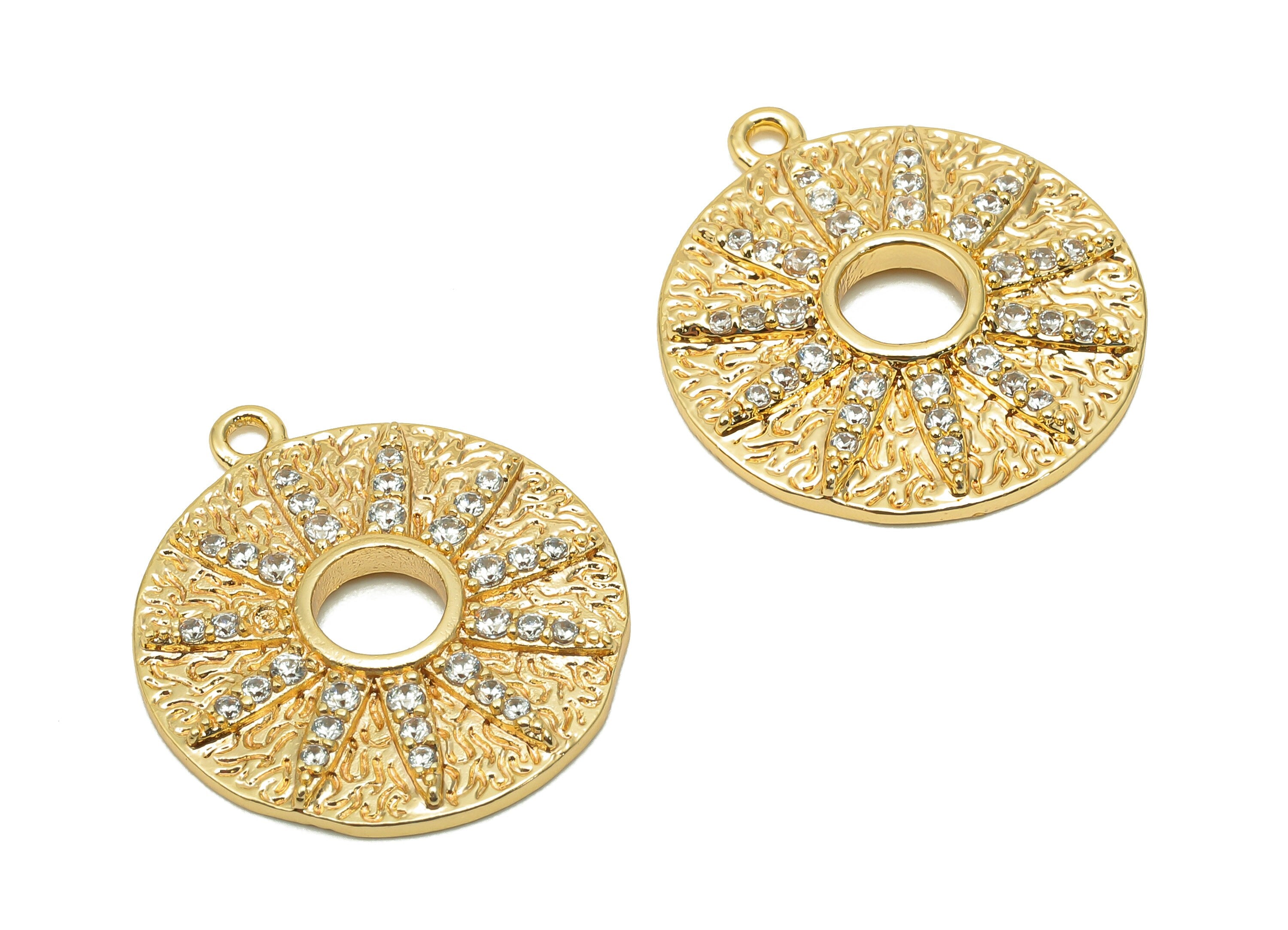 Brass Textured Sun Round Charm - Zircon Circle Flower Dots Earring - Spot Pendant With Loop - 18K Real Gold Plating - 22.5x20x2.4mm -RGP5715 - DOMEDBAZAAR