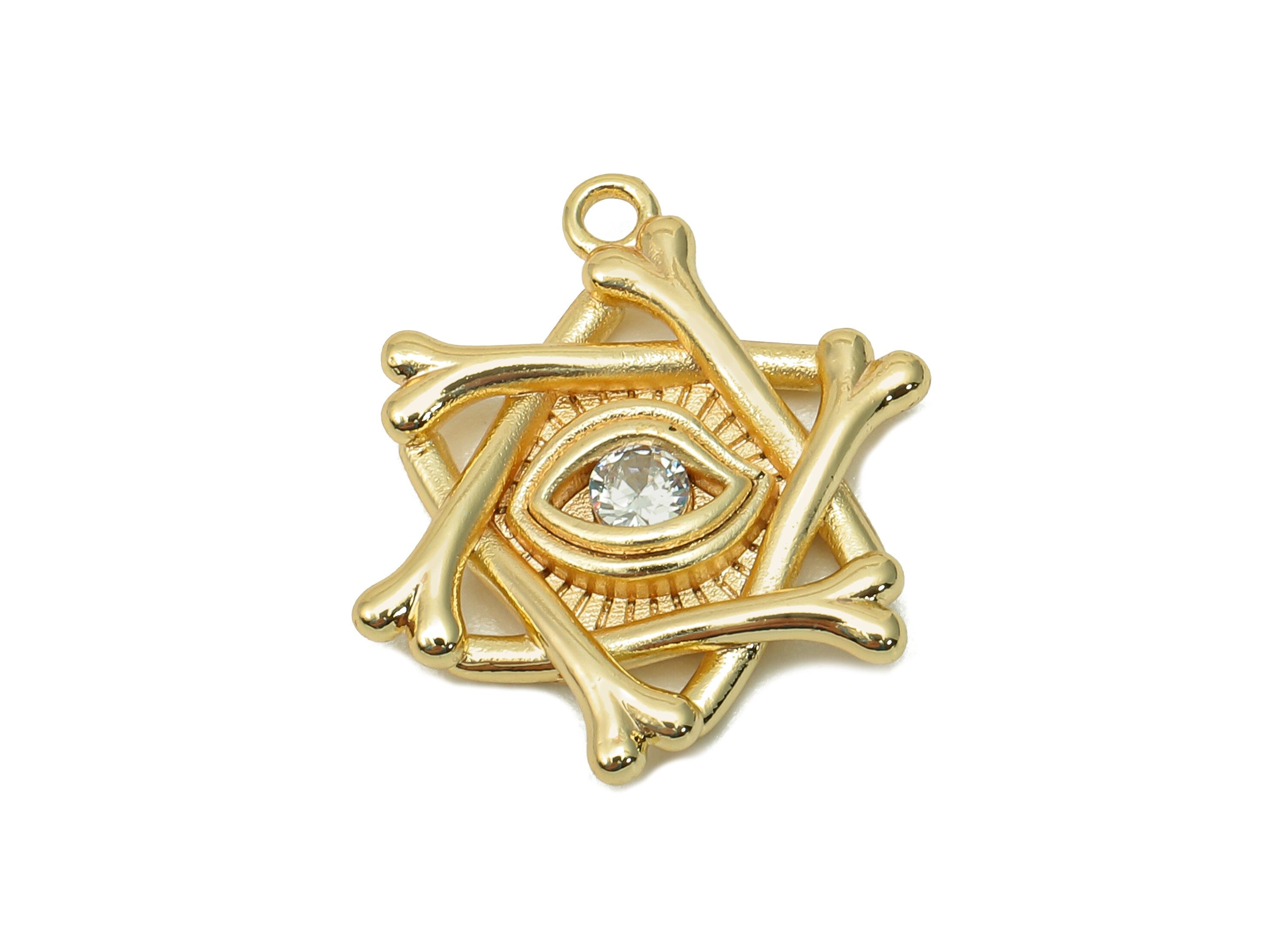 Brass Star Eye Earring Charm - Zircon Pentagram Eyelash Earring - Star Pendant With Loop - 18K Real Gold Plating - 20.6x16.8x2.7mm - RGP5716 - DOMEDBAZAAR