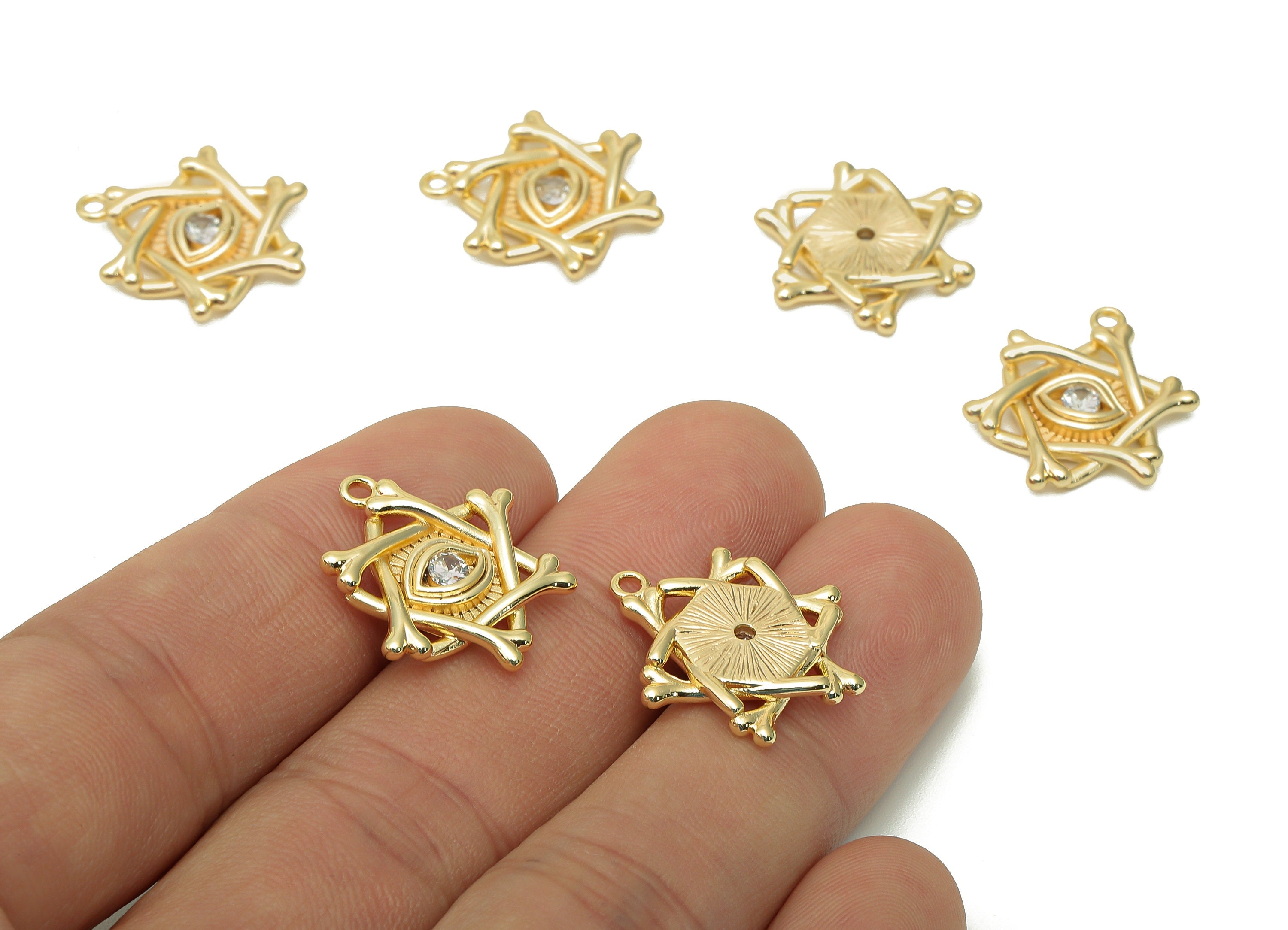 Brass Star Eye Earring Charm - Zircon Pentagram Eyelash Earring - Star Pendant With Loop - 18K Real Gold Plating - 20.6x16.8x2.7mm - RGP5716 - DOMEDBAZAAR