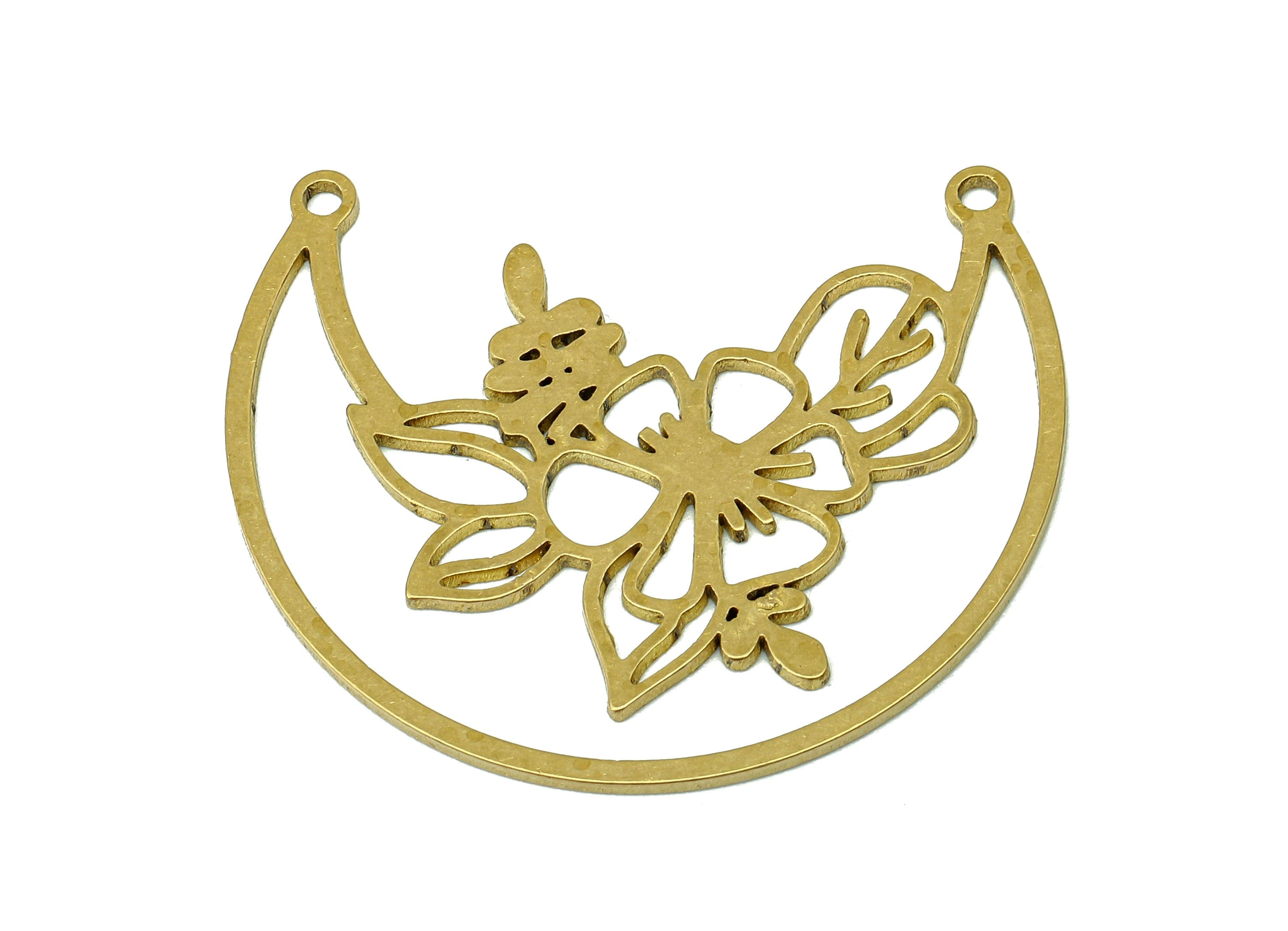 Brass Crescent Flower Earring Connector - Raw Brass Moon Pendant - Hollow Earring With 2 Loops - Leaves Charm - 34.7x30.8x0.9mm - PPA6682 - DOMEDBAZAAR