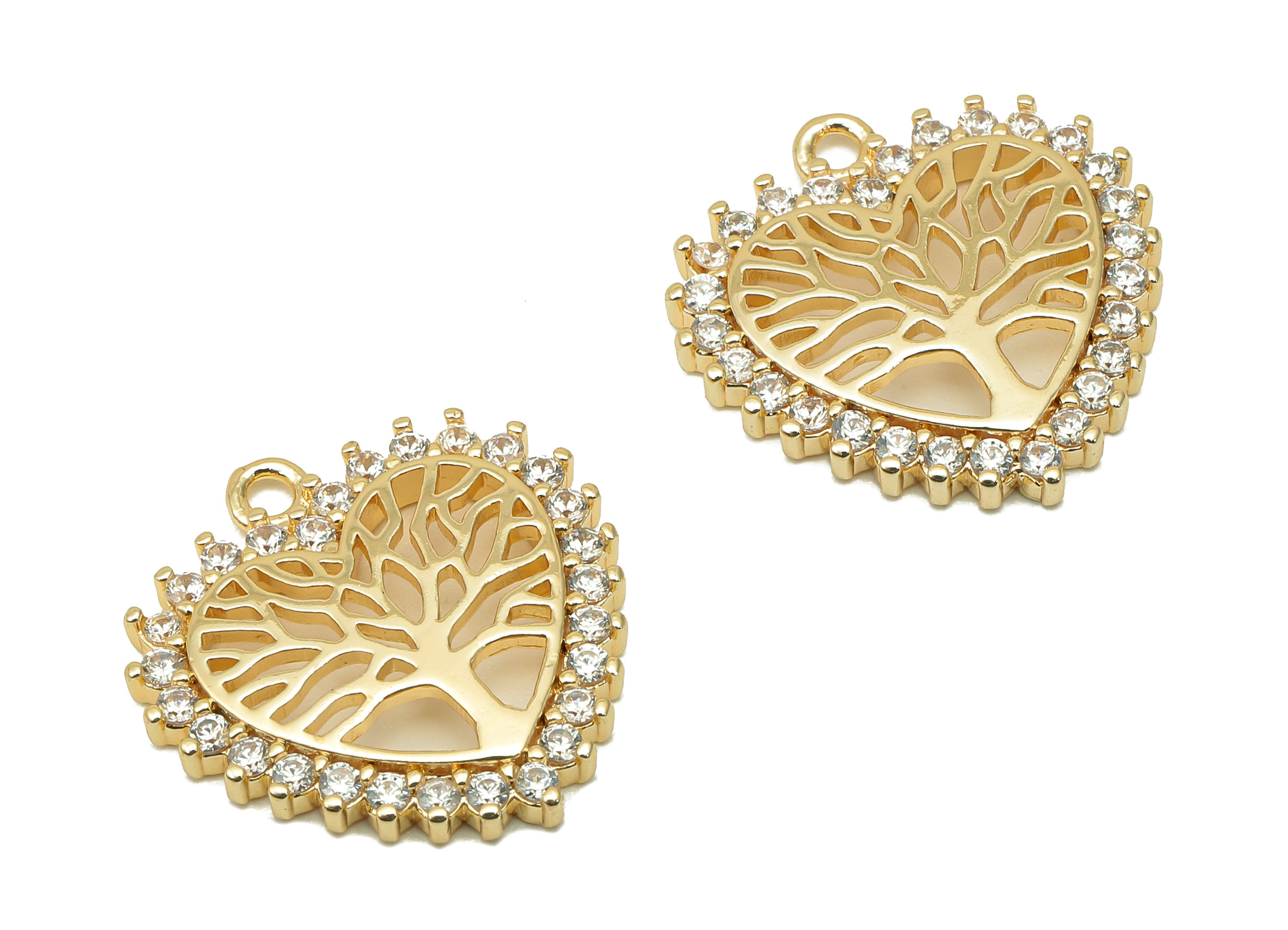 Brass Heart Earring Charm - Zircon Life Tree Heart Earring - Heart Pendant With Loop - 18K Real Gold Plating - 18.9x18.5x2.4mm - RGP5717 - DOMEDBAZAAR