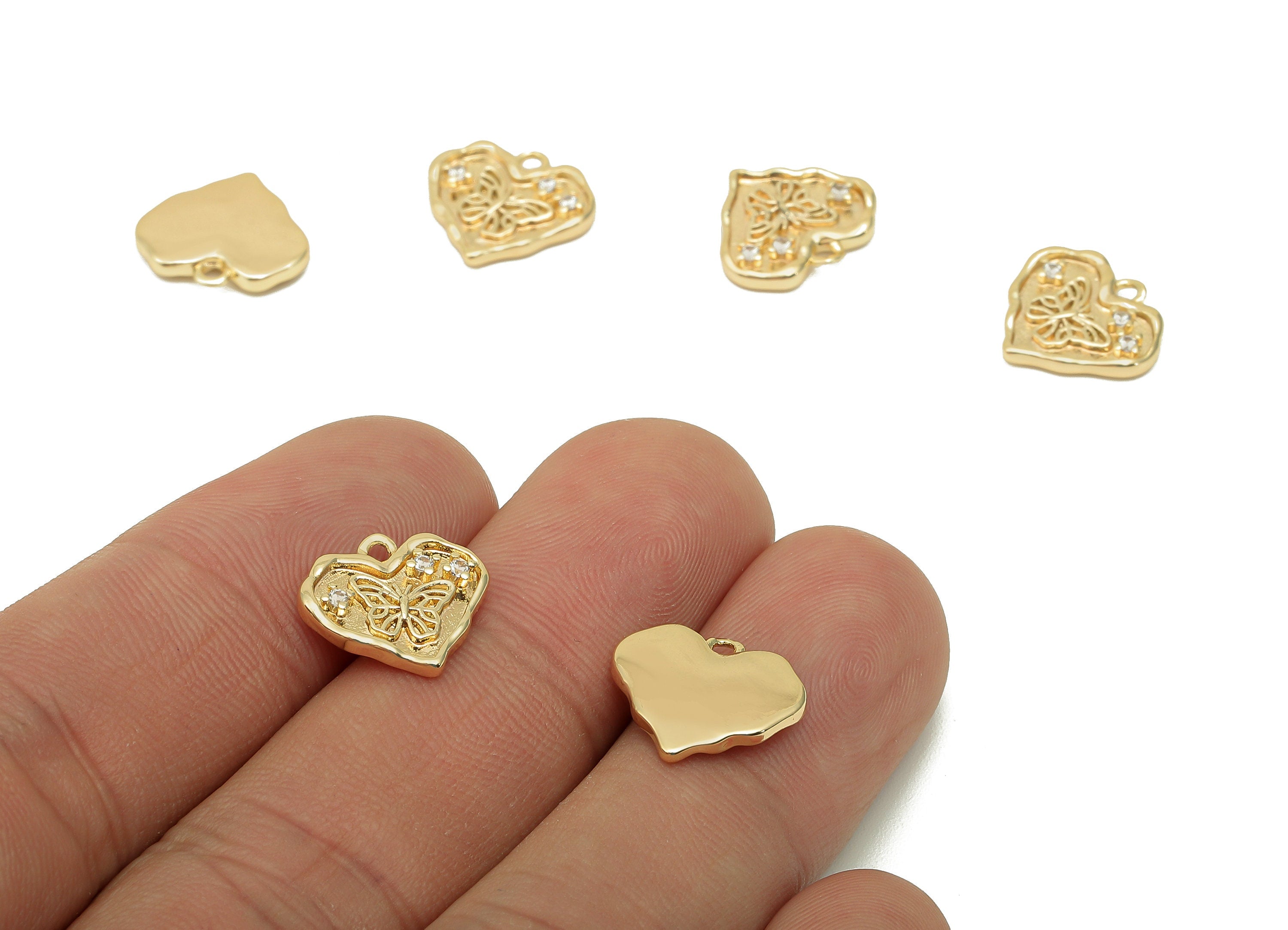 Brass Butterfly Heart Earring Charm - Zircon Star Heart Earring - Heart Pendant With Loop - 18K Real Gold Plating - 12.1x13.3x2.4mm -RGP5718 - DOMEDBAZAAR