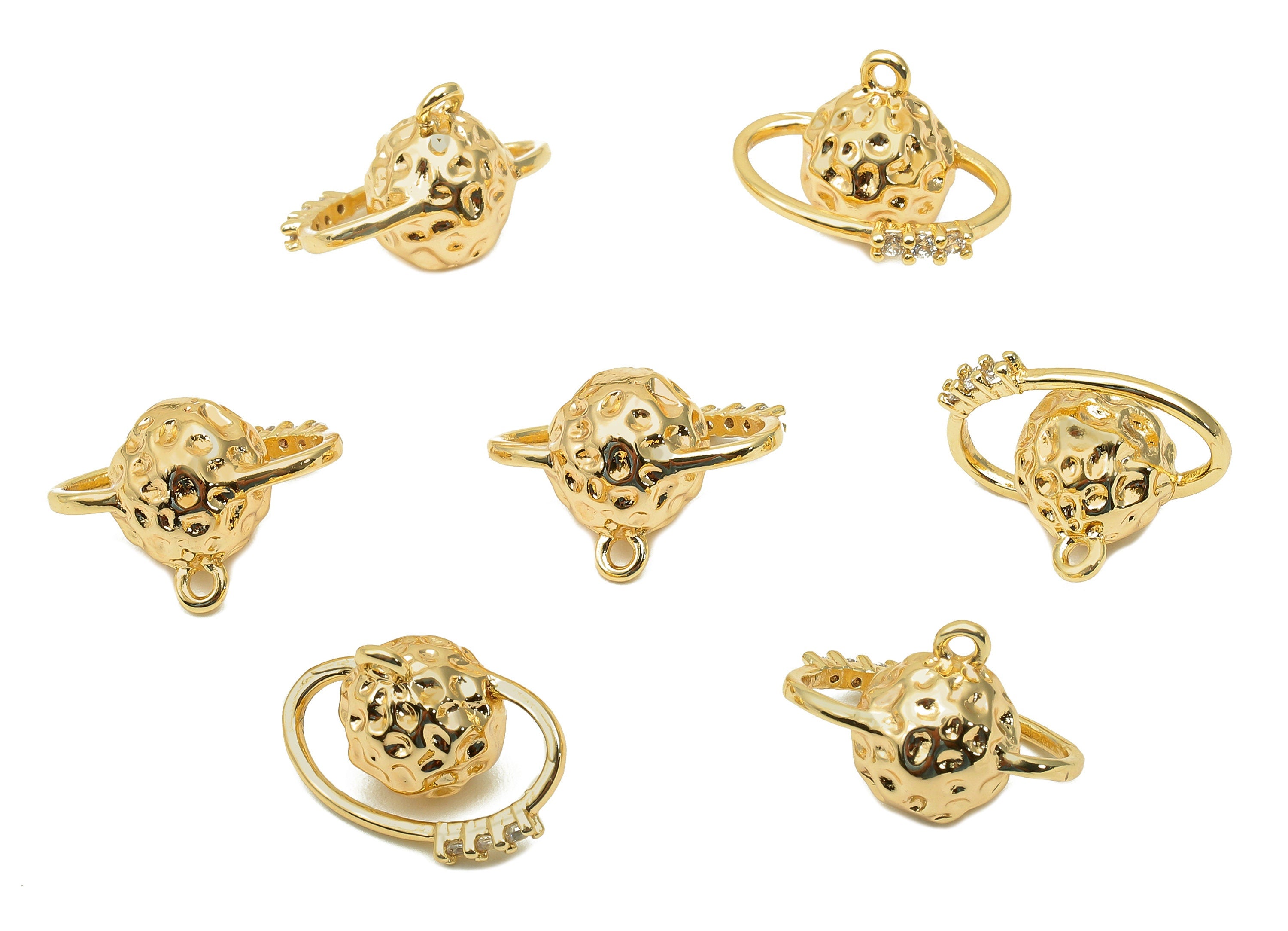 Brass Hammered Planet Earring Charm - Gold Zircon Sphere Earring - Pendant With Loop - 18K Real Gold Plating - 16.1x11.1x8.5mm - RGP5719 - DOMEDBAZAAR