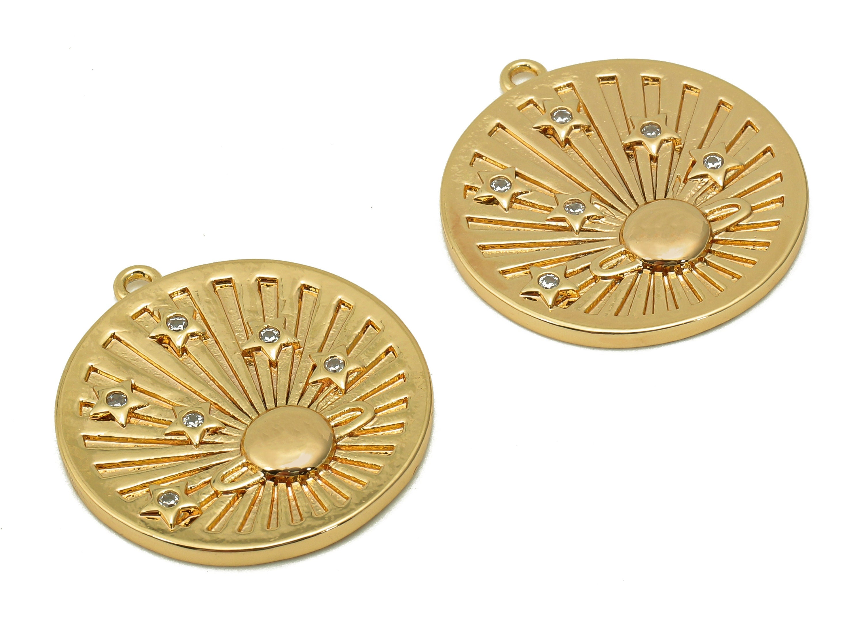 Brass Round Shine Pendant Charm - Zircon Sun Planet Earring - Circle Star Charm With Loop - 18K Real Gold Plating - 25.3x22.6x2.4mm -RGP5550 - DOMEDBAZAAR