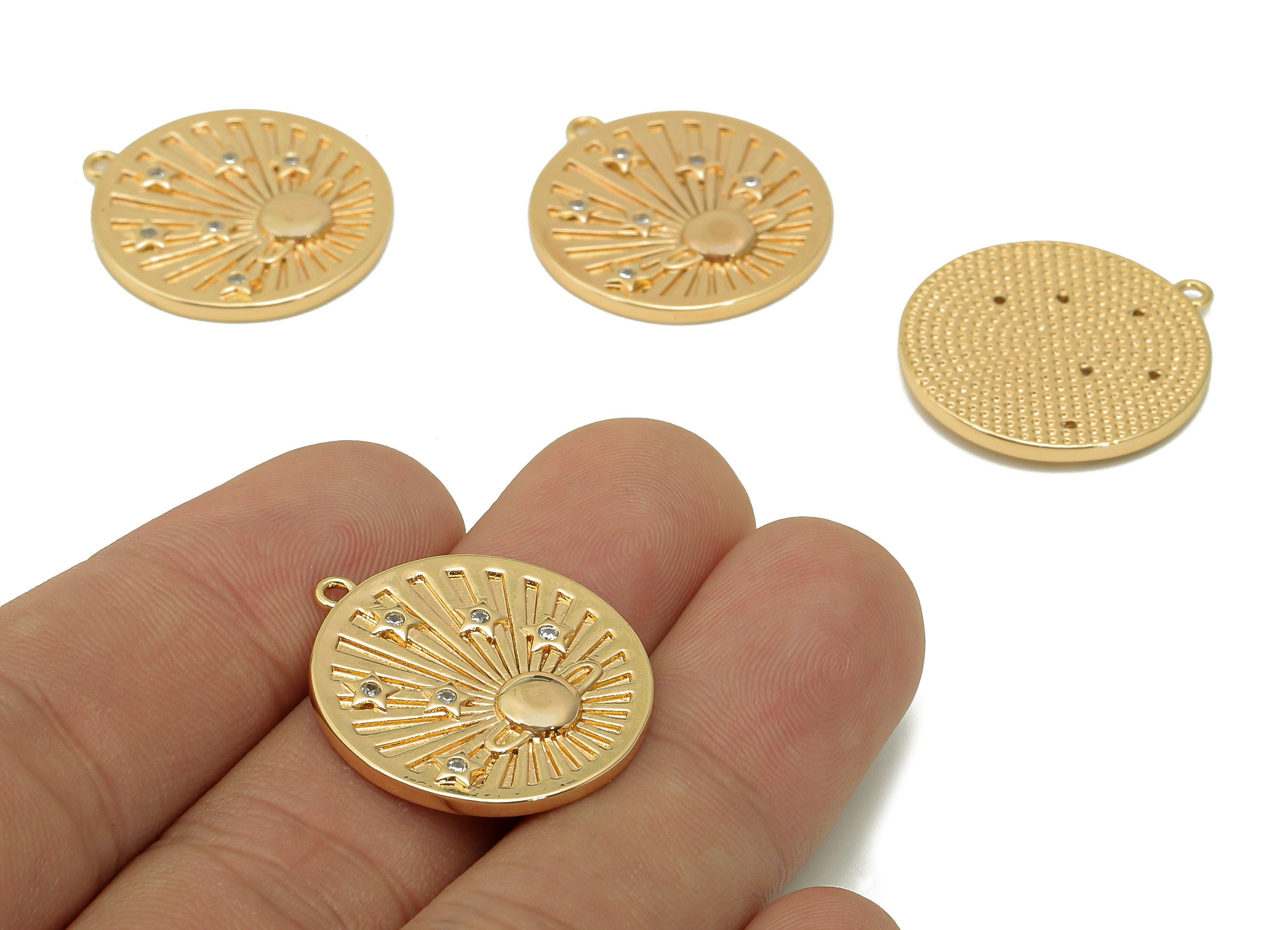 Brass Round Shine Pendant Charm - Zircon Sun Planet Earring - Circle Star Charm With Loop - 18K Real Gold Plating - 25.3x22.6x2.4mm -RGP5550 - DOMEDBAZAAR