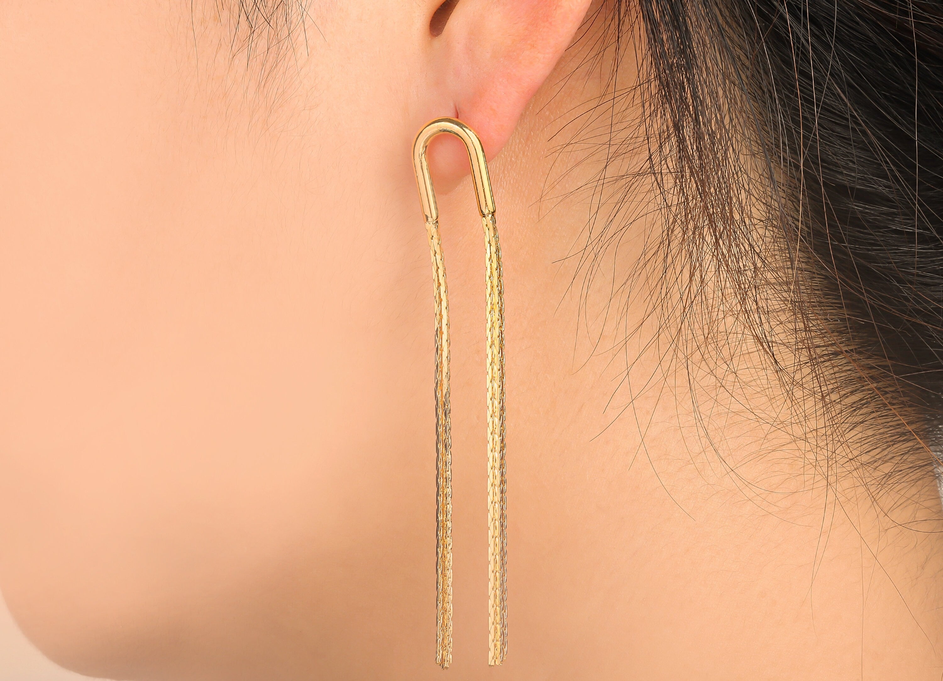 Gold Horseshoe Chain Tassel Stud Earring - U Ear Post - Brass Snake Chain Tassel - 18K Real Gold Plated Brass - 79.87x11.86x2.42mm - RGP4722 - DOMEDBAZAAR