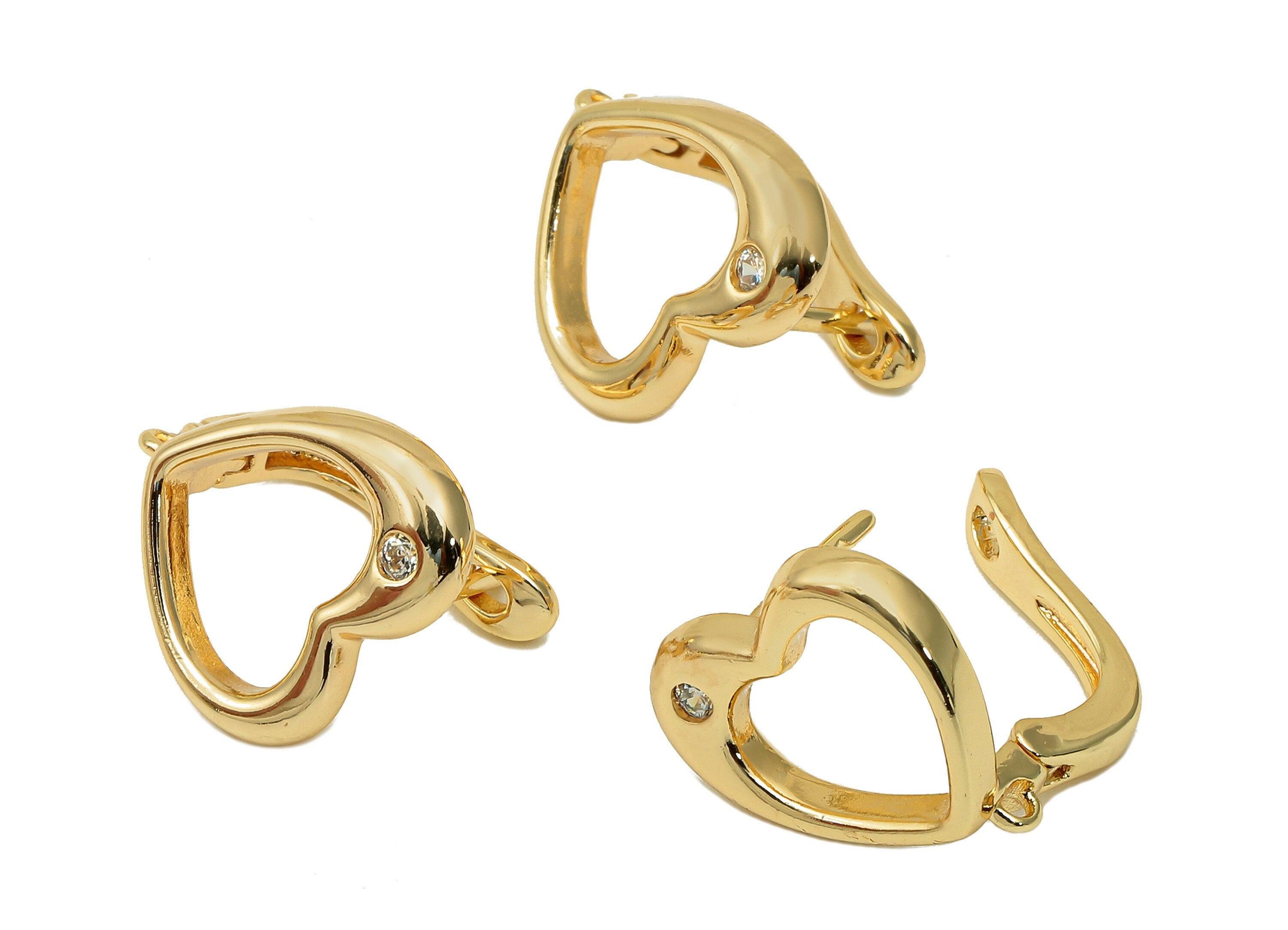 Brass Zircon Heart Earring Clasp - Leverback Dots Earring - Spot Clasp Earring With Loop - 18K Real Gold Plating - 15.9x14.9x2.3mm - RGP5721 - DOMEDBAZAAR