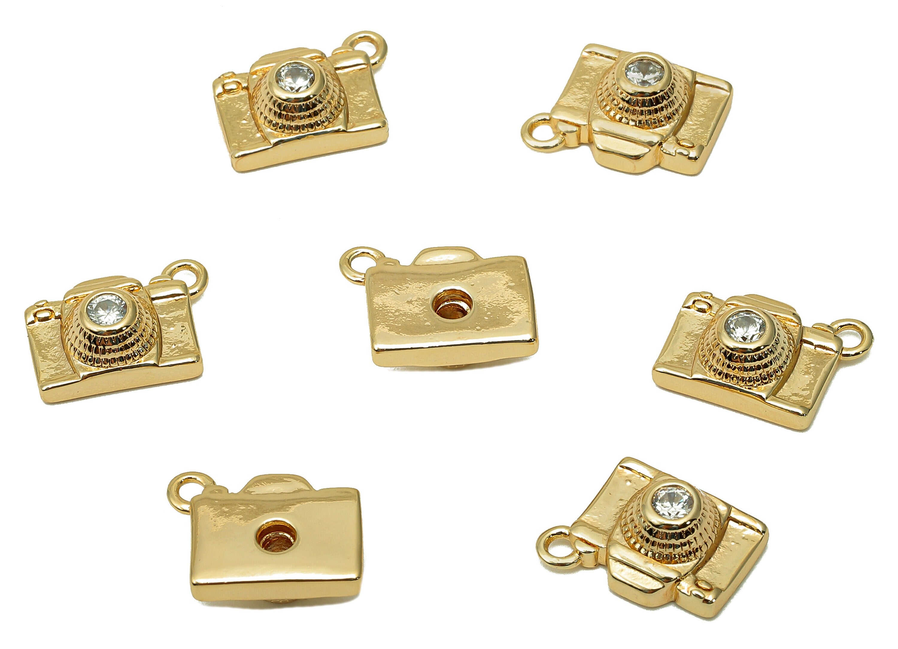 Brass Mini Camera Earring - Zircon Camera Spot Charm - Dots Camera Pendant With Loop - 18K Real Gold Plating - 12.7x9.5x4.8mm -RGP5723 - DOMEDBAZAAR