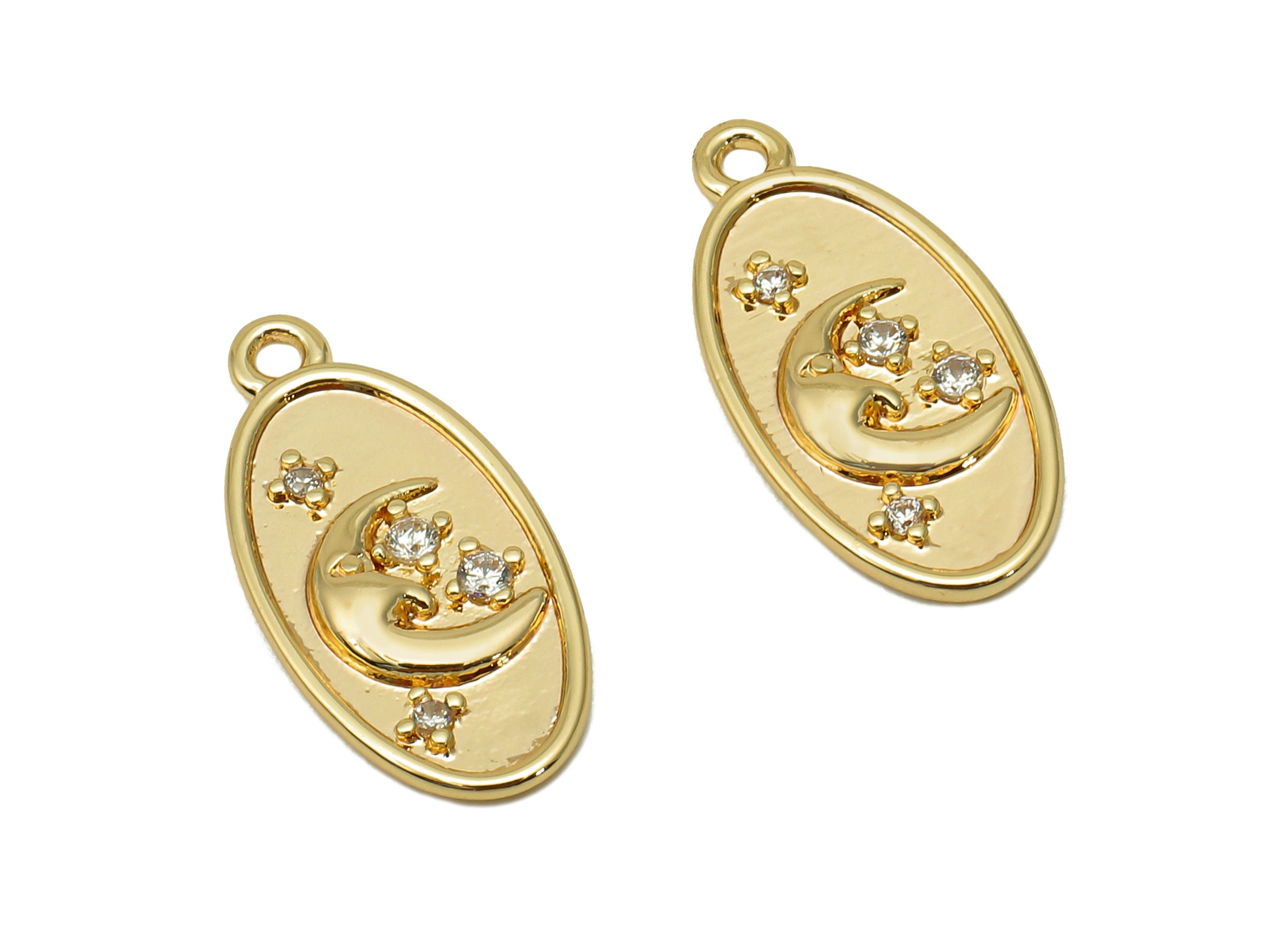 Brass Crescent Oval Earring - Zircon Star Earring Charm - Pendant With Loop - For Necklace - 18K Real Gold Plating - 17.3x8.4x1.2mm -RGP5727 - DOMEDBAZAAR