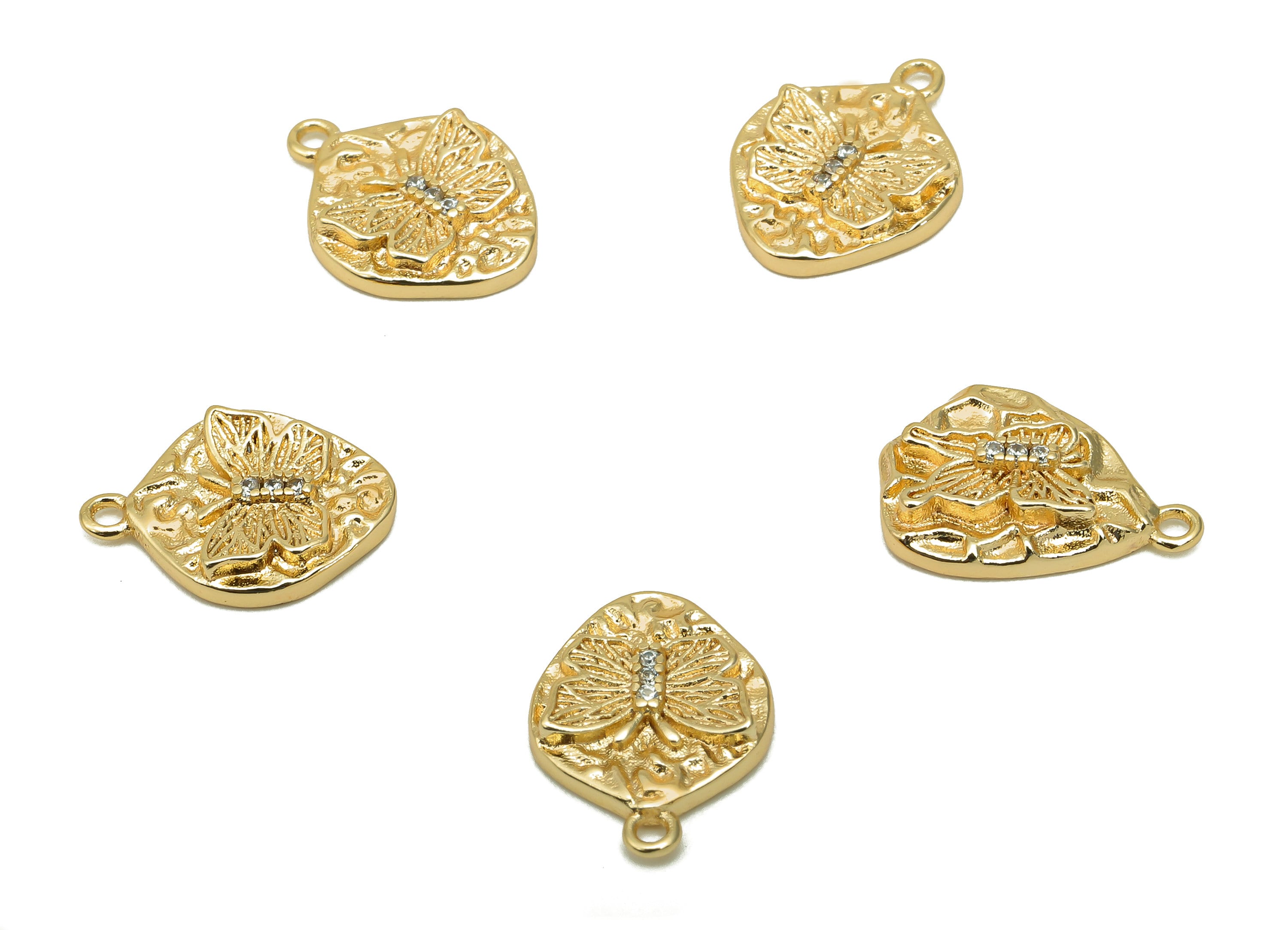 Brass Hammered Butterfly Earring Charm - Zircon Mini Oval Earring - Pendant With Loop - 18K Real Gold Plating - 13.3x10x2.3mm - RGP5728 - DOMEDBAZAAR