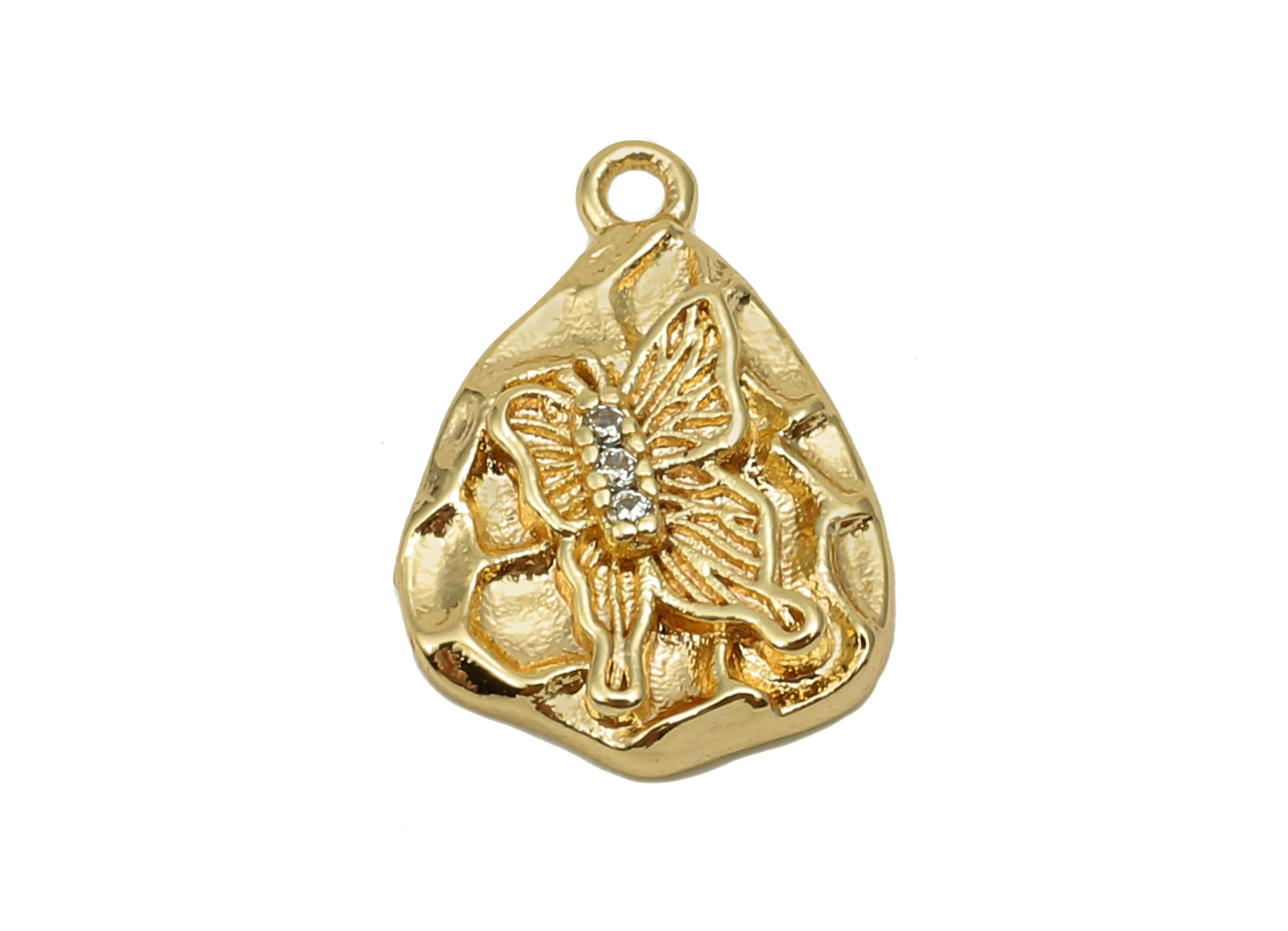 Brass Hammered Butterfly Earring Charm - Zircon Mini Oval Earring - Pendant With Loop - 18K Real Gold Plating - 13.9x9.9x2.7mm - RGP5729 - DOMEDBAZAAR