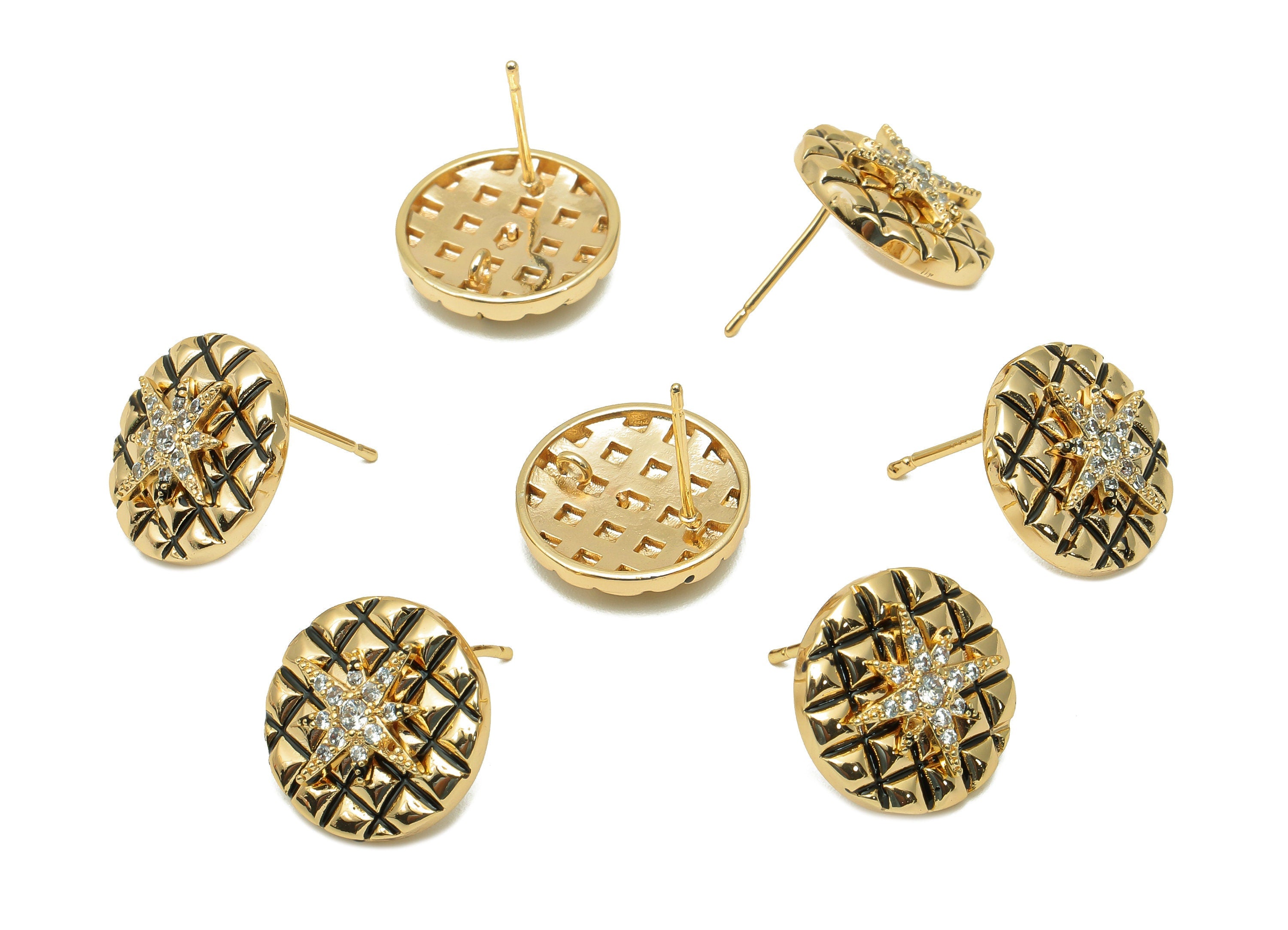Brass Star Round Earring Post - Zircon Checkered Stud Earring - 925 Silver Stud - 18K Real Gold Plating - 15.5x15.5x3.5mm - RGP5732 - DOMEDBAZAAR