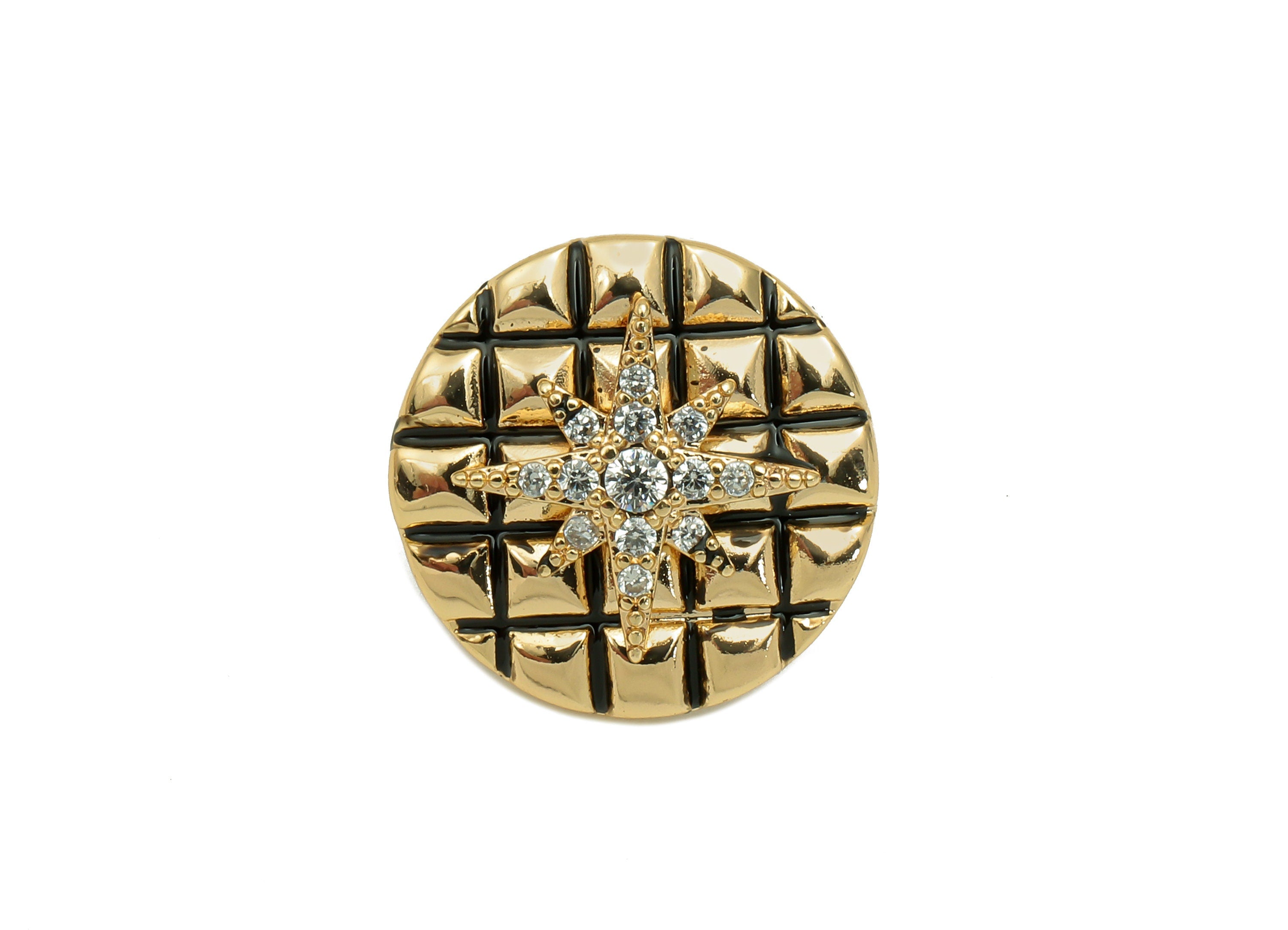 Brass Star Round Earring Post - Zircon Checkered Stud Earring - 925 Silver Stud - 18K Real Gold Plating - 15.5x15.5x3.5mm - RGP5732 - DOMEDBAZAAR