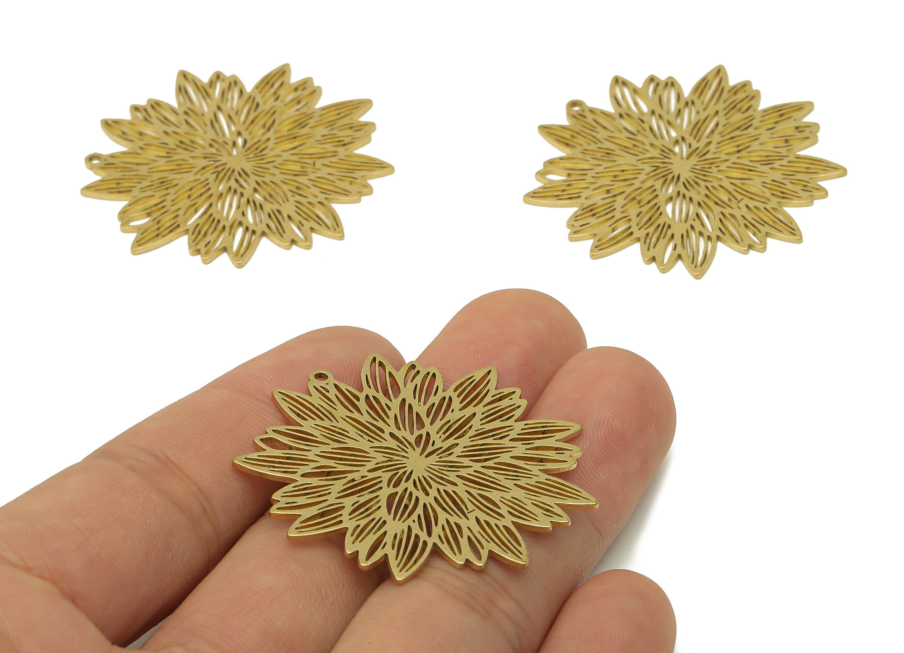 Brass Flower Earring Charms - Raw Brass Flower Earring - Flower Pendant With Loop - Botanical Charm For Necklace - 41.7x41.2x0.9mm - PPA6832 - DOMEDBAZAAR