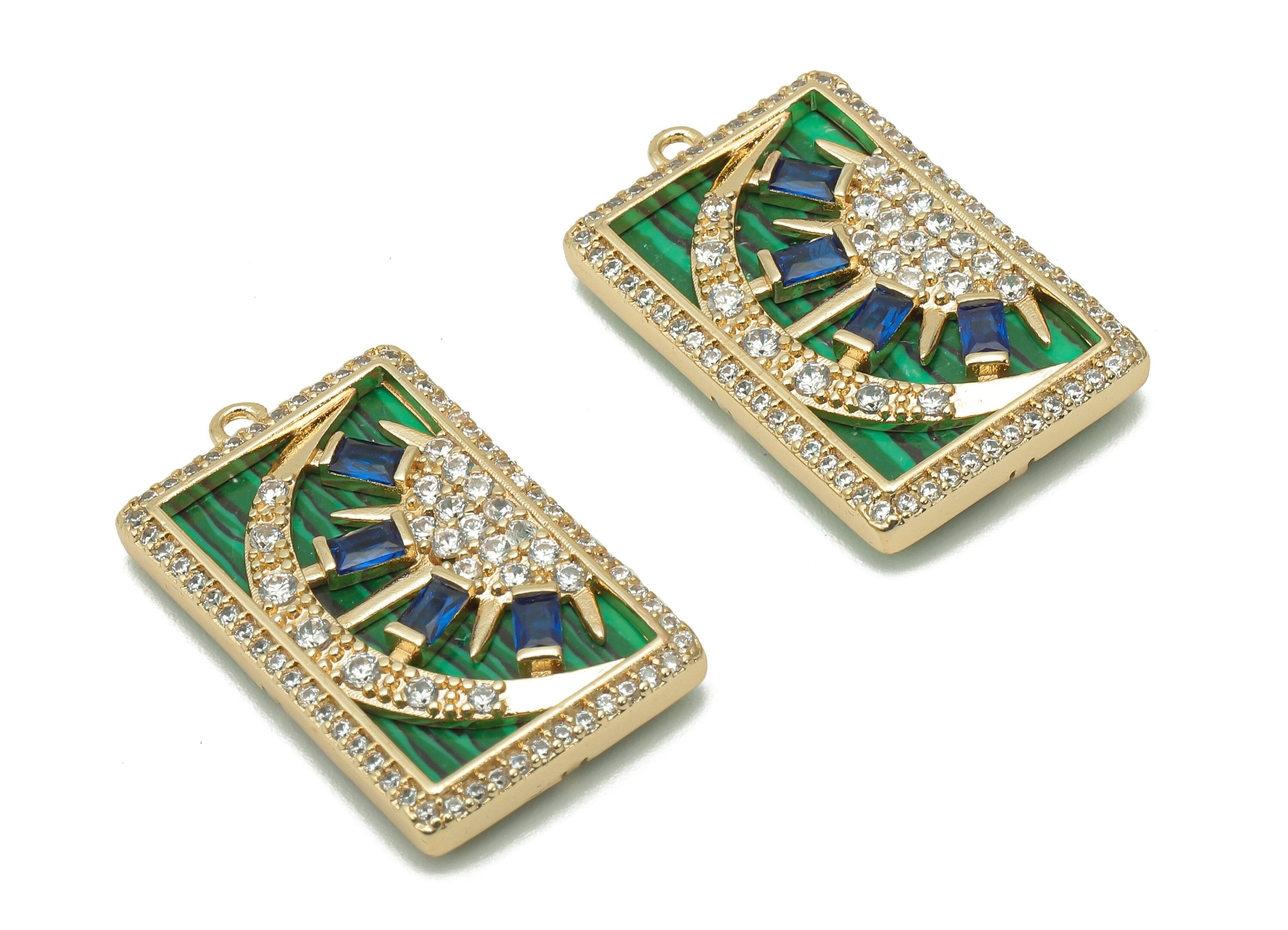 Brass Synthetic Stone Rectangle Charm - Zircon Crescent Sun Green Earring - Pendant With Loop -18K Real Gold Plating-25.1x15.2x3.4mm-RGP5733 - DOMEDBAZAAR