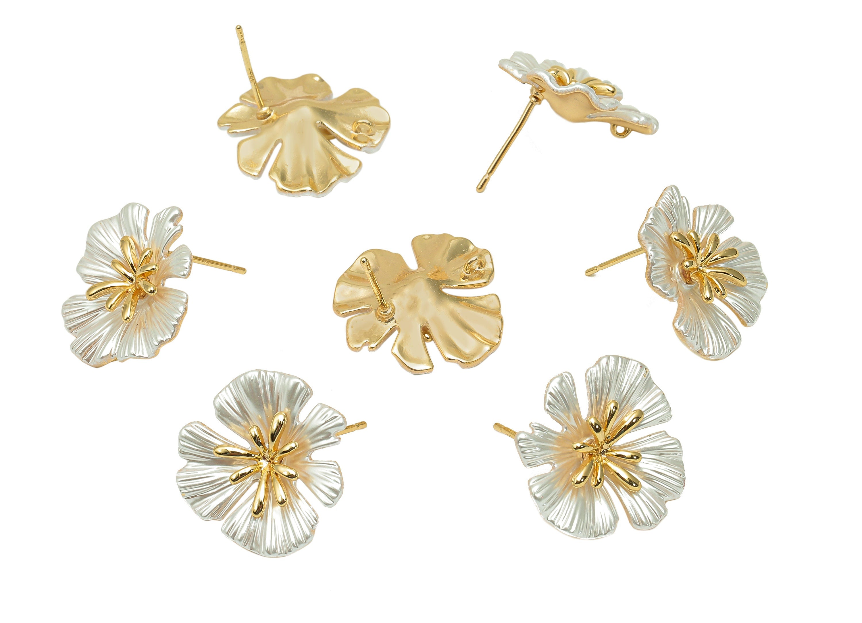 Brass Enamel Flower Earring Post - White Flower Stud Earring With Loop - 925 Silver Stud - 18K Real Gold Plating - 18.3x19.3x1.4mm - RGP5734 - DOMEDBAZAAR
