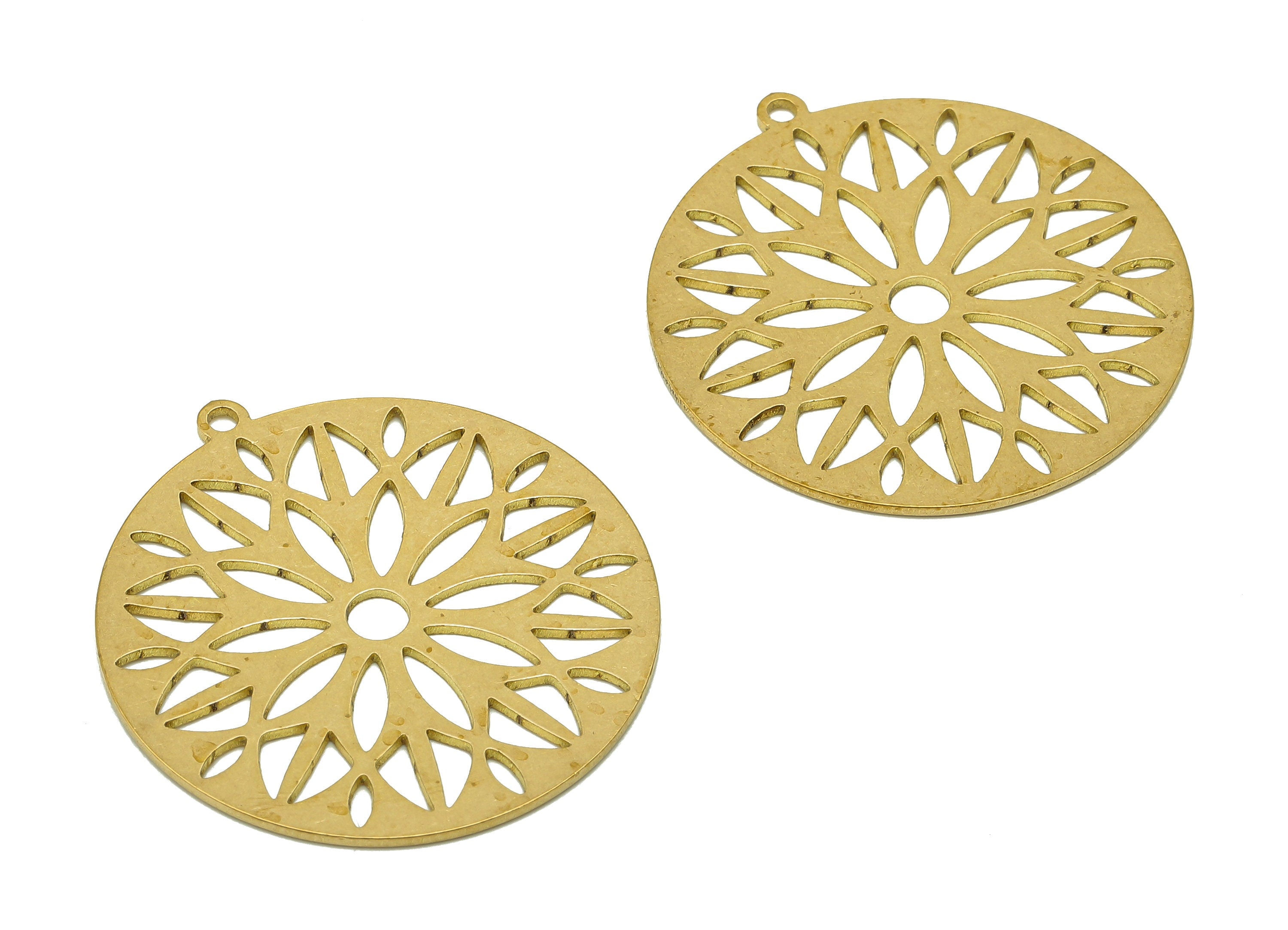 Brass Round Flower Earring Charms - Raw Brass Leaves Cutout Earring - Circle Pendant With Loop - For Necklace - 31.9x29.6x0.7mm - PPA6843 - DOMEDBAZAAR