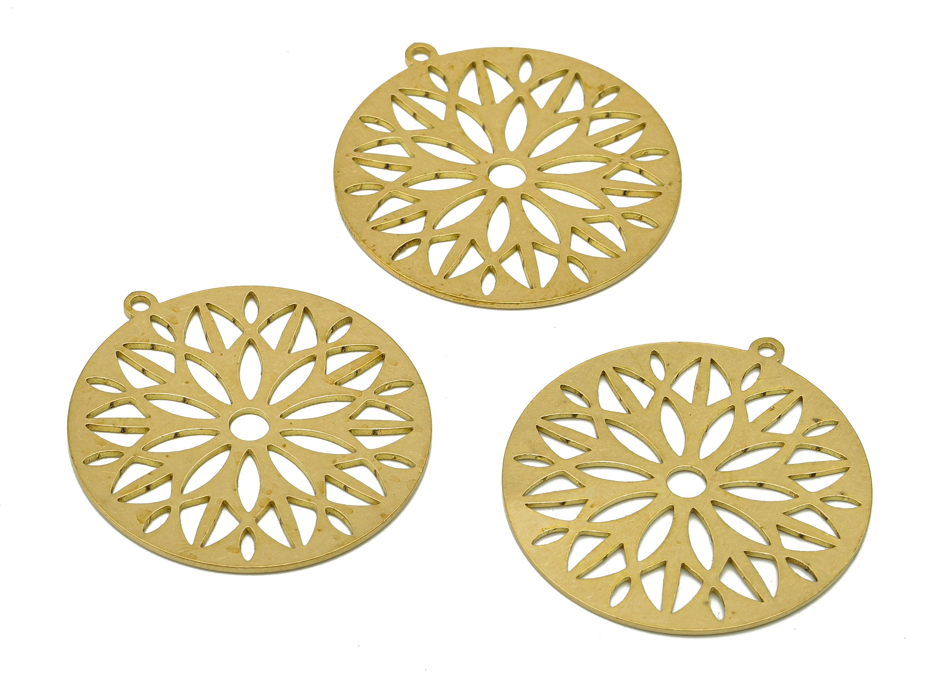 Brass Round Flower Earring Charms - Raw Brass Leaves Cutout Earring - Circle Pendant With Loop - For Necklace - 31.9x29.6x0.7mm - PPA6843 - DOMEDBAZAAR