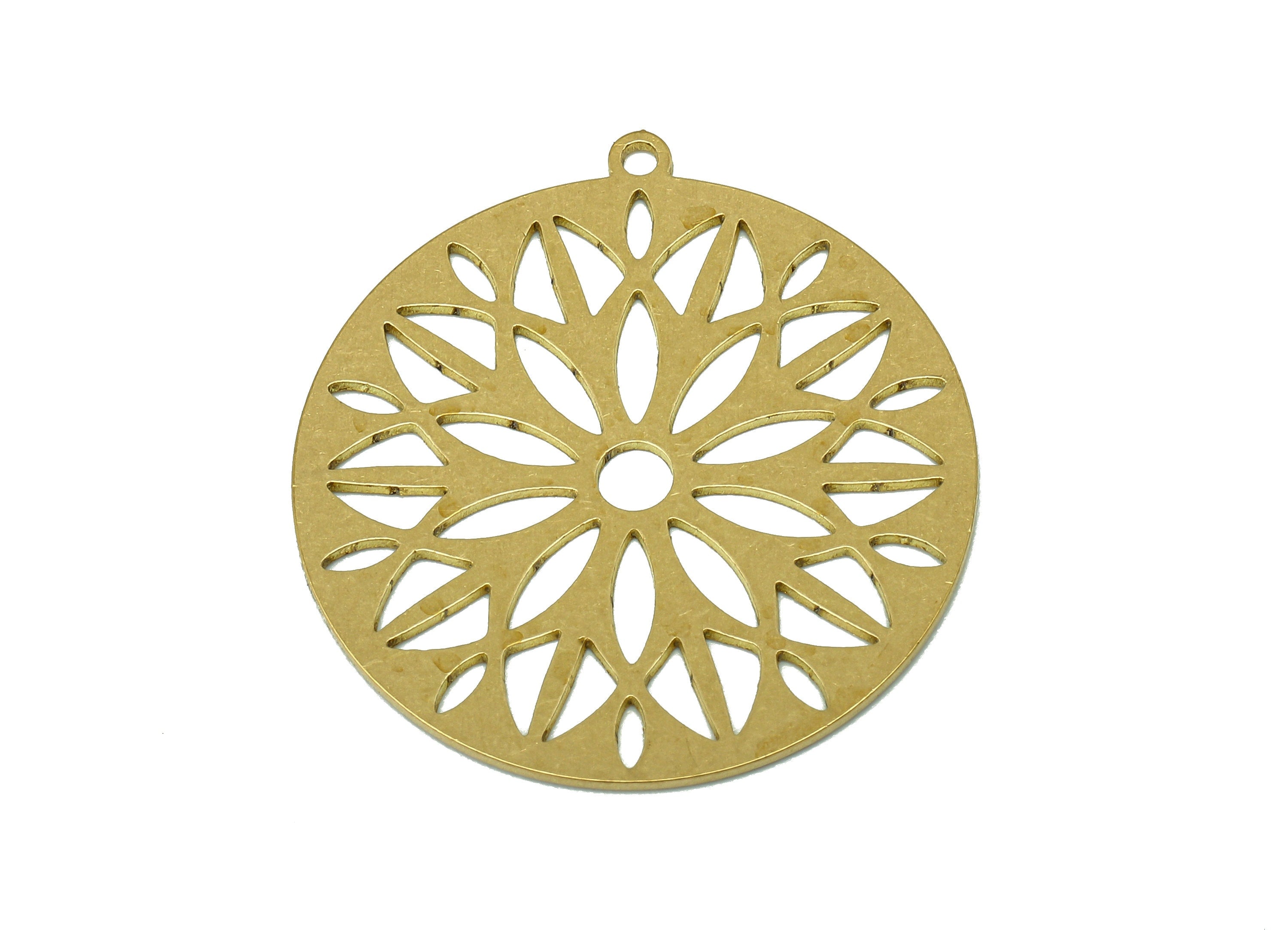 Brass Round Flower Earring Charms - Raw Brass Leaves Cutout Earring - Circle Pendant With Loop - For Necklace - 31.9x29.6x0.7mm - PPA6843 - DOMEDBAZAAR