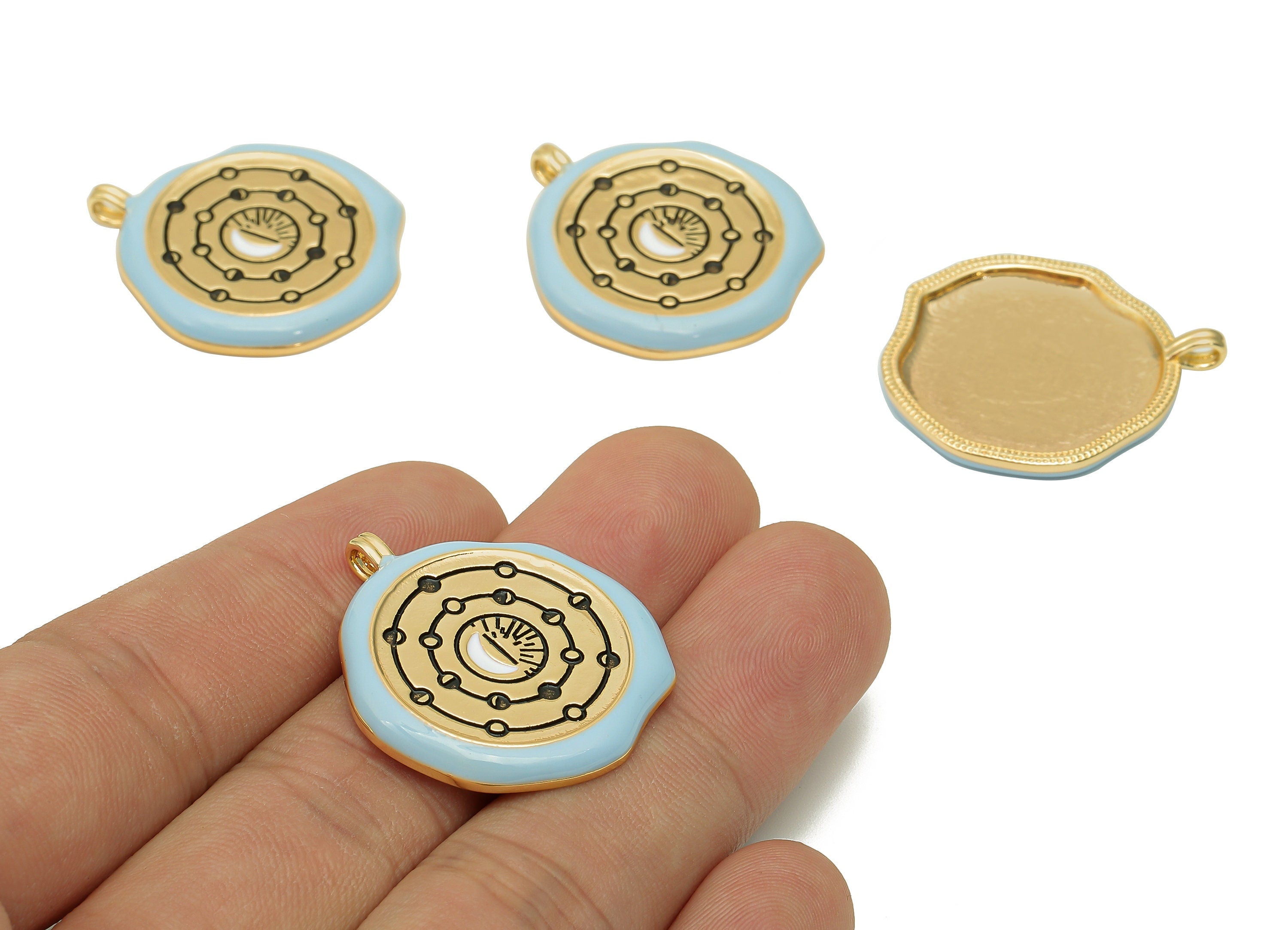 Brass Enamel Round Sun Charm - Blue Circle Moon Phase Earring - Crescent Pendant With Loop - 18K Real Gold Plating - 31.1x27.3x2.8mm-RGP5735 - DOMEDBAZAAR