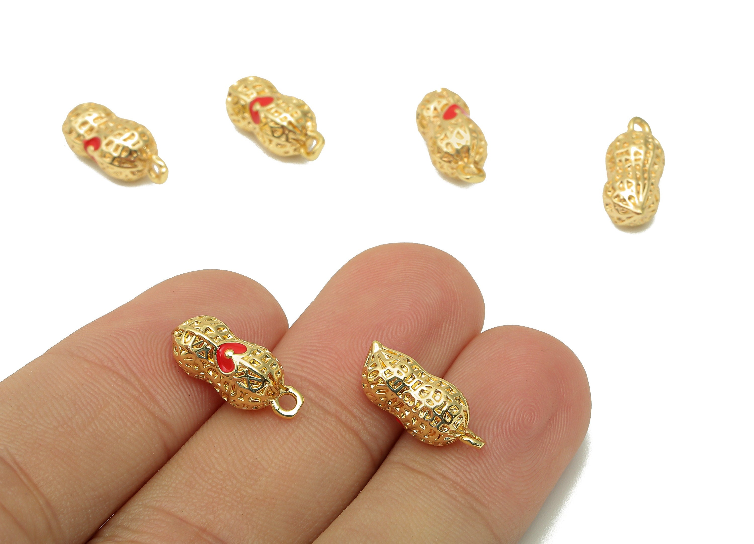 Brass Mini Peanut Earring Charm - Enamel Red Heart Textured Nut Earring - Pendant With Loop - 18K Real Gold Plating - 16.1x7x6.8mm - RGP5737 - DOMEDBAZAAR