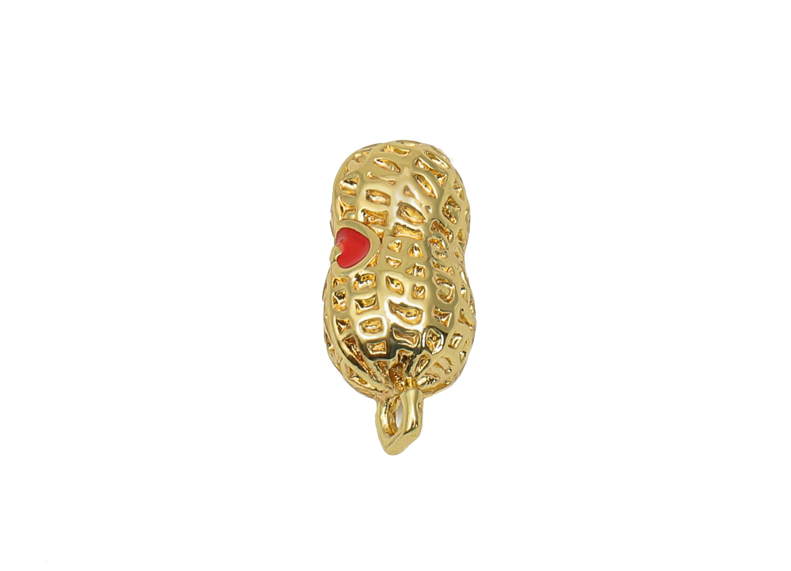 Brass Mini Peanut Earring Charm - Enamel Red Heart Textured Nut Earring - Pendant With Loop - 18K Real Gold Plating - 16.1x7x6.8mm - RGP5737 - DOMEDBAZAAR