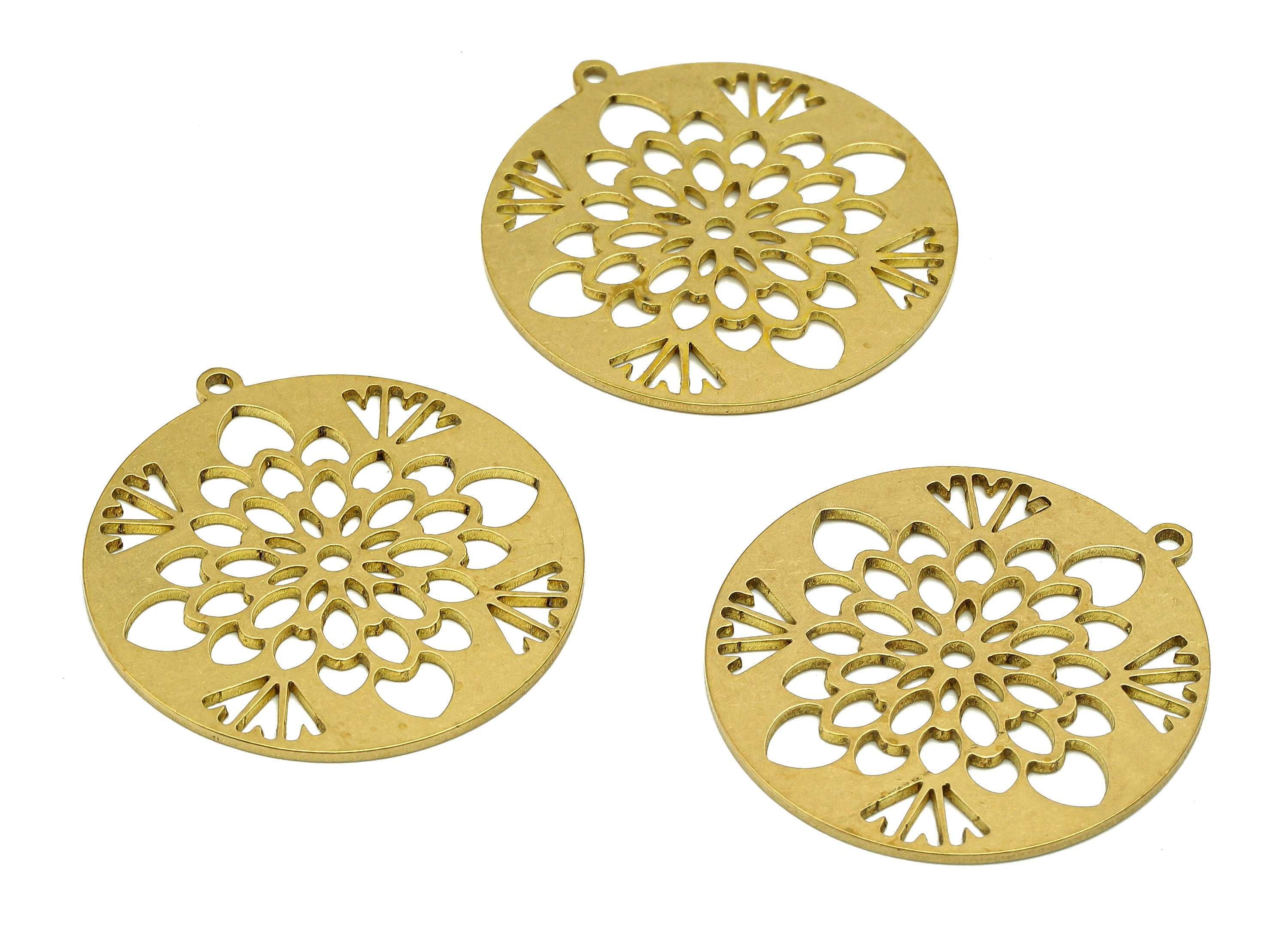 Brass Round Flower Earring Charms - Raw Brass Heart Cutout Earring - Circle Pendant With Loop - For Necklace - 31.9x29.6x0.9mm - PPA6844 - DOMEDBAZAAR