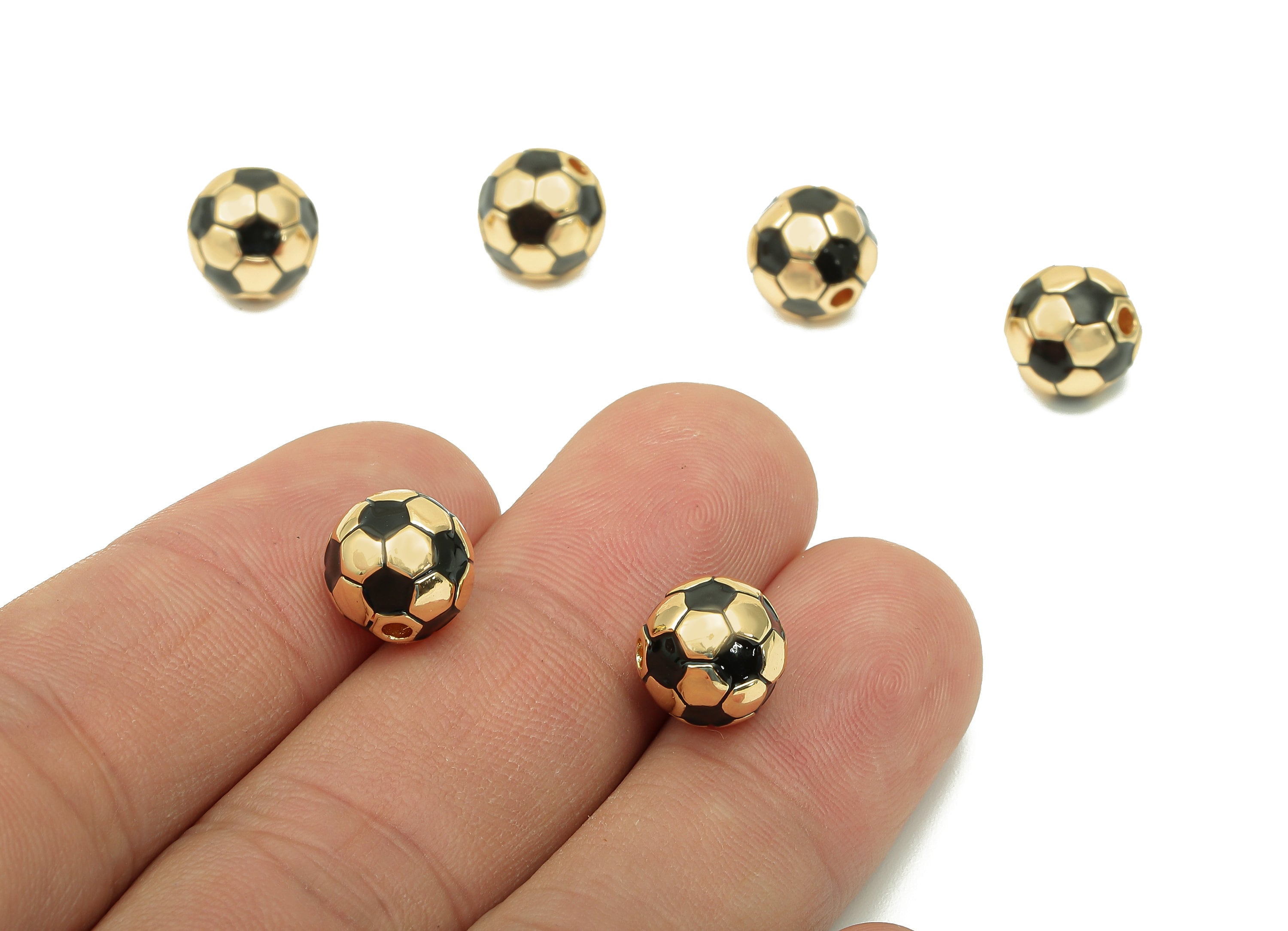 Brass Enamel Soccer Ball Beads - Round Ball Spacer Beads Necklace - Beads For Bracelet - 18K Real Gold Plating - 9.9x7.1x1.4mm - RGP5736 - DOMEDBAZAAR