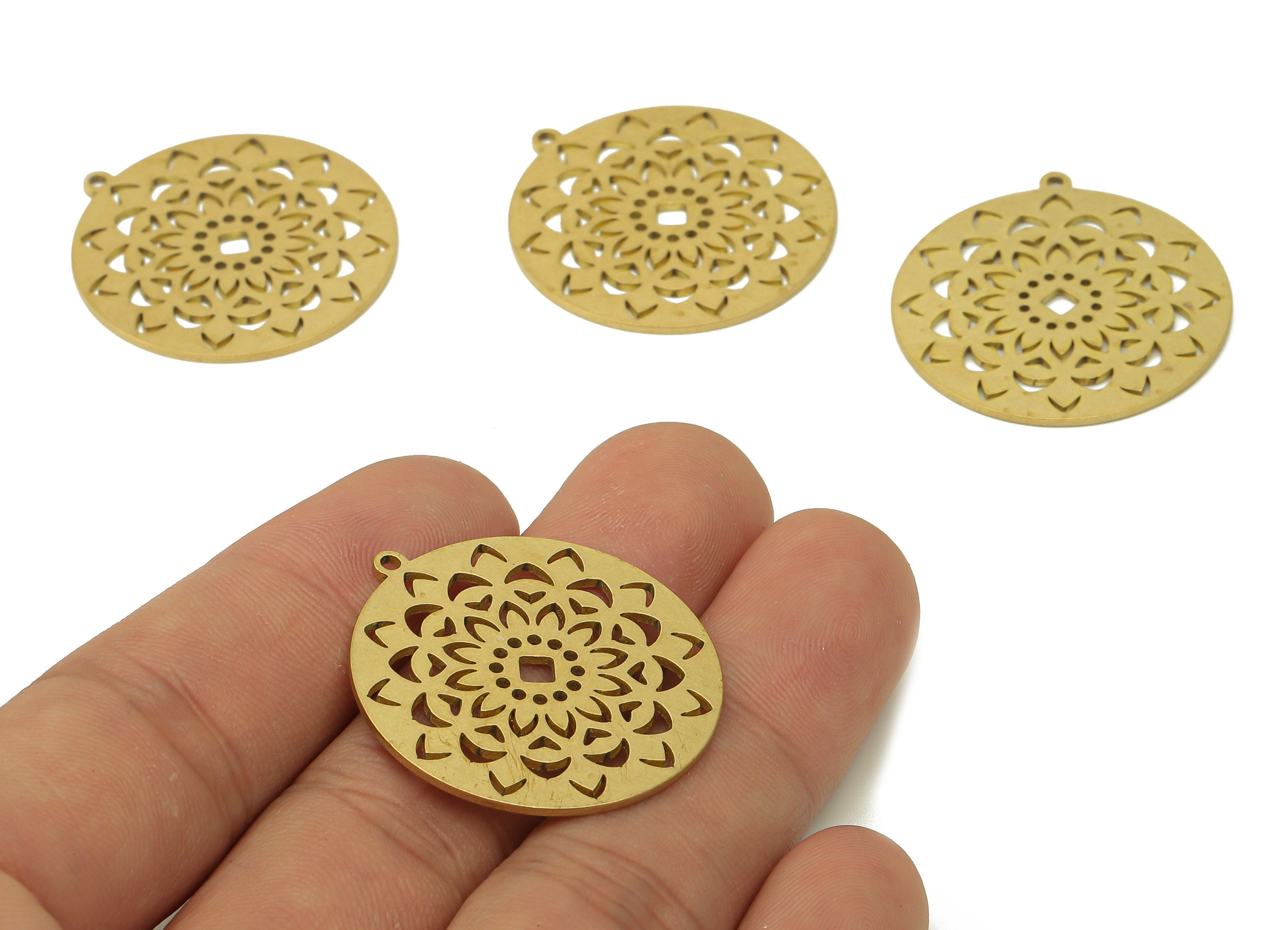 Brass Round Flower Earring Charms - Raw Brass Flower Cutout Earring - Circle Pendant With Loop - For Necklace - 32x29.6x0.9mm - PPA6845 - DOMEDBAZAAR
