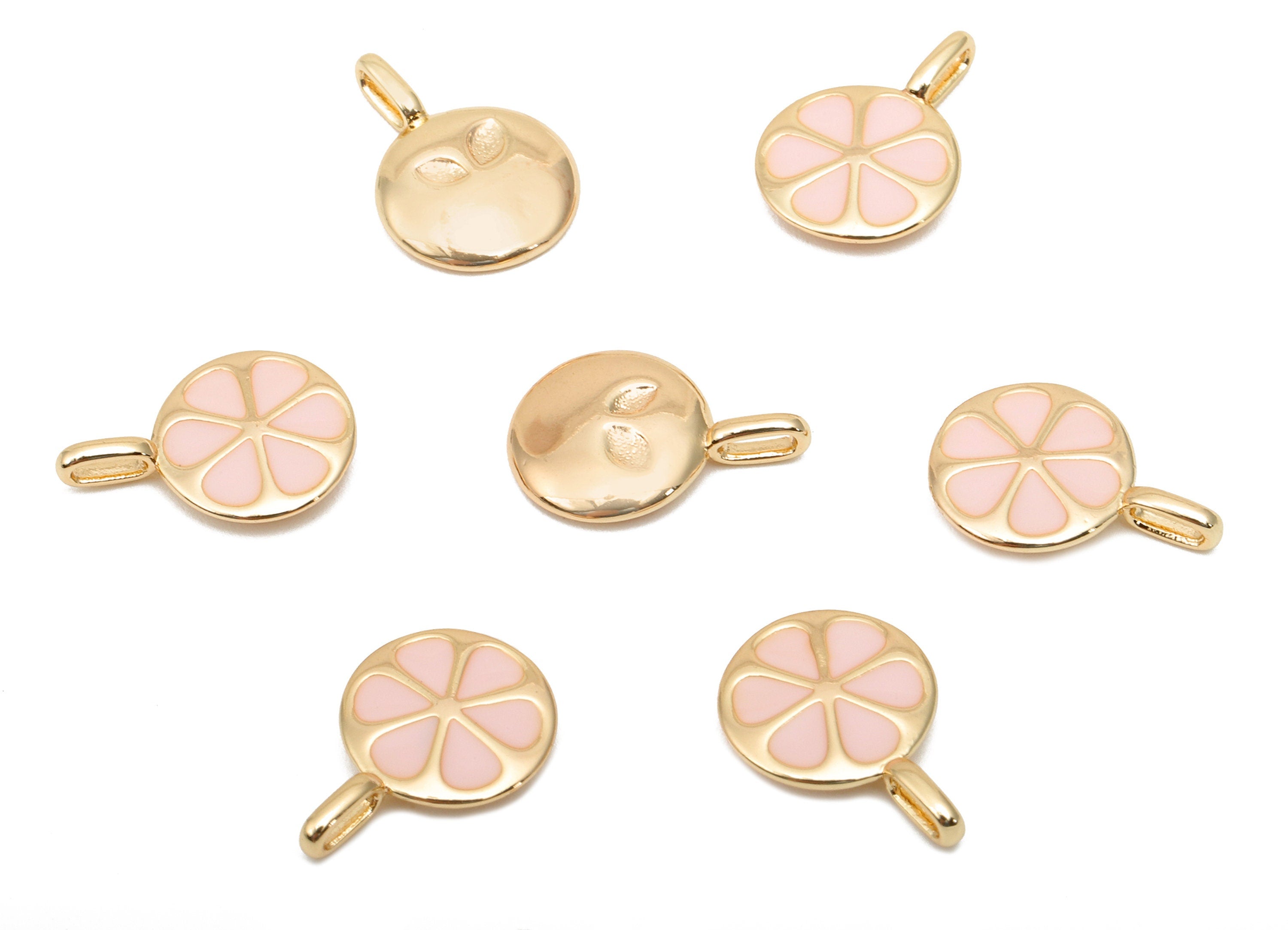 Brass Mini Flower Round Earring - Enamel Thick Pink Circle Charm - Pendant With Loop - 18K Real Gold Plating - 14.2x10.1x2.1mm - RGP5741 - DOMEDBAZAAR