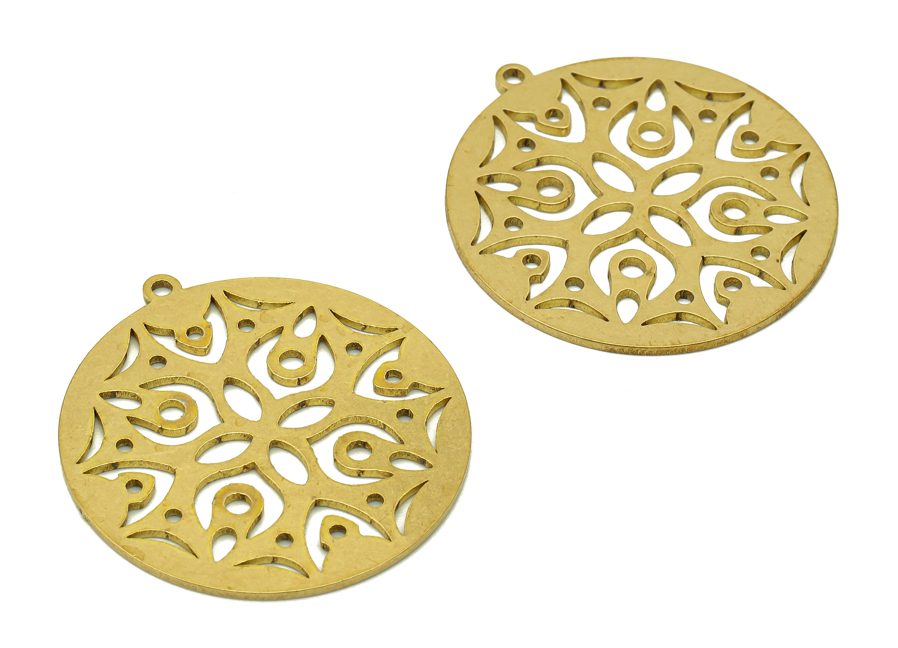 Brass Round Flower Earring Charms - Raw Brass Botanical Cutout Earring - Circle Pendant With Loop - For Necklace - 31.8x29.6x0.9mm - PPA6861 - DOMEDBAZAAR