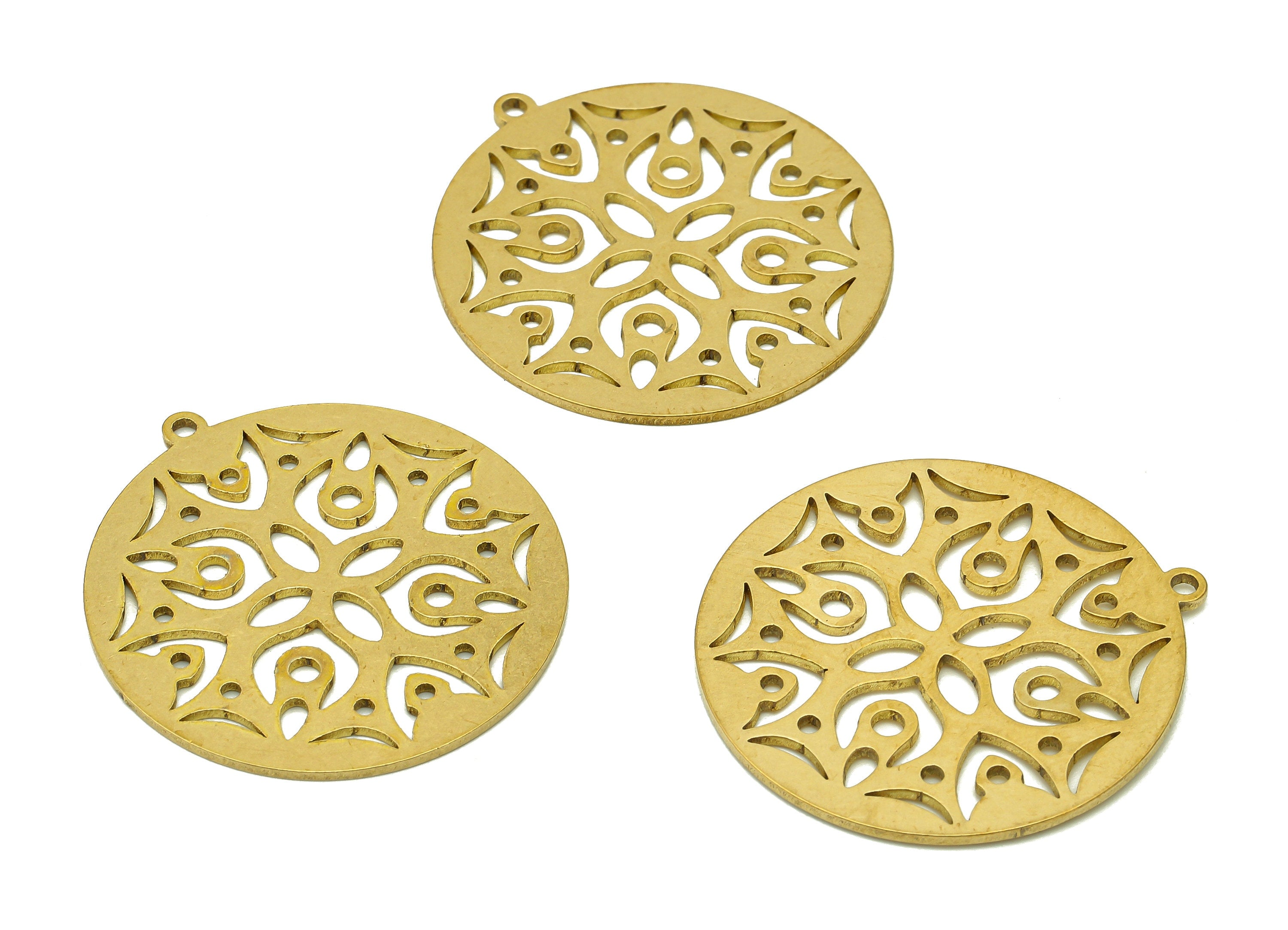 Brass Round Flower Earring Charms - Raw Brass Botanical Cutout Earring - Circle Pendant With Loop - For Necklace - 31.8x29.6x0.9mm - PPA6861 - DOMEDBAZAAR