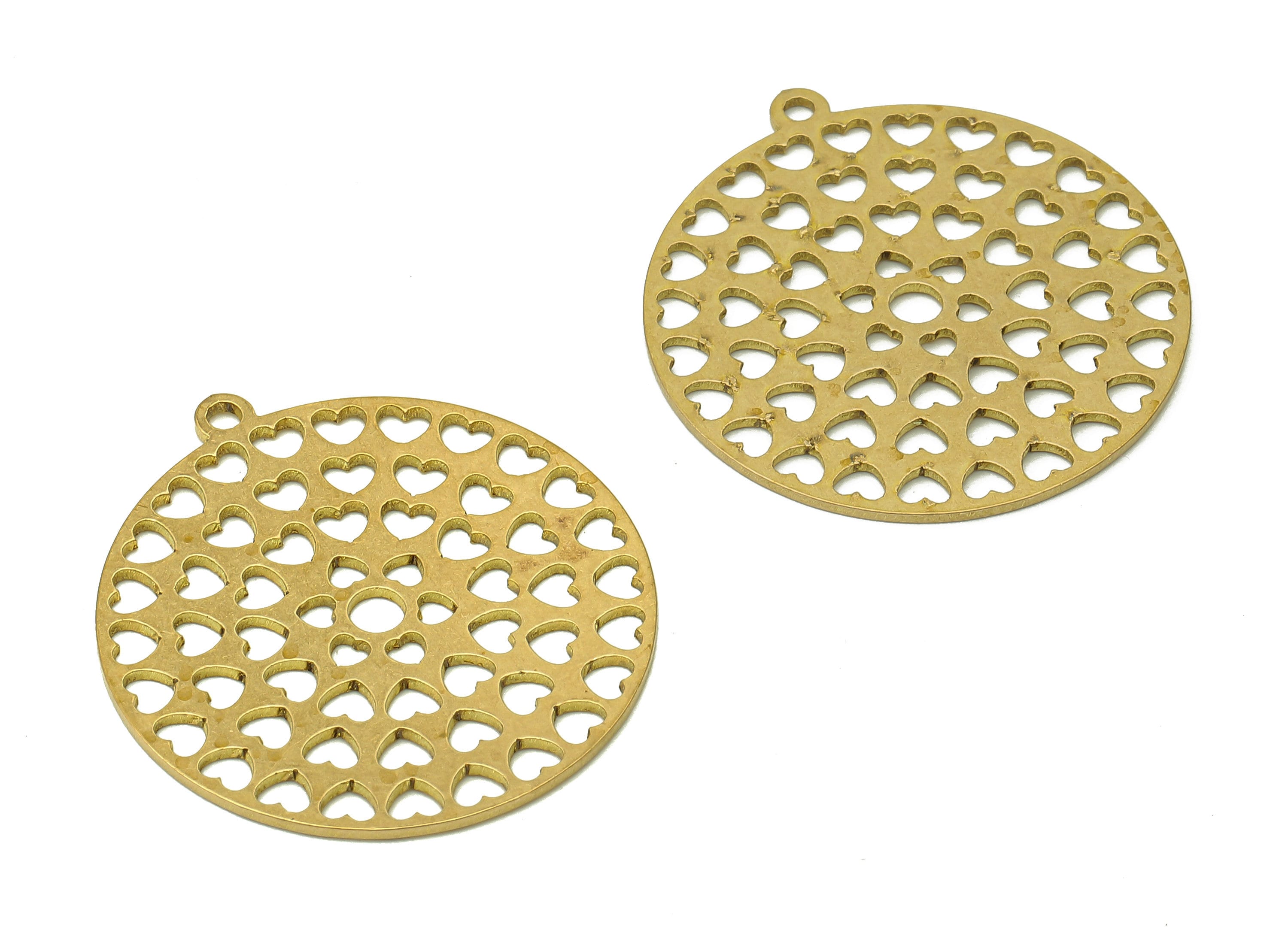 Brass Round Flower Earring Charm - Raw Brass Mini Heart Cutout Earring - Circle Pendant With Loop - For Necklace - 28x25.7x0.7mm - PPA6863 - DOMEDBAZAAR