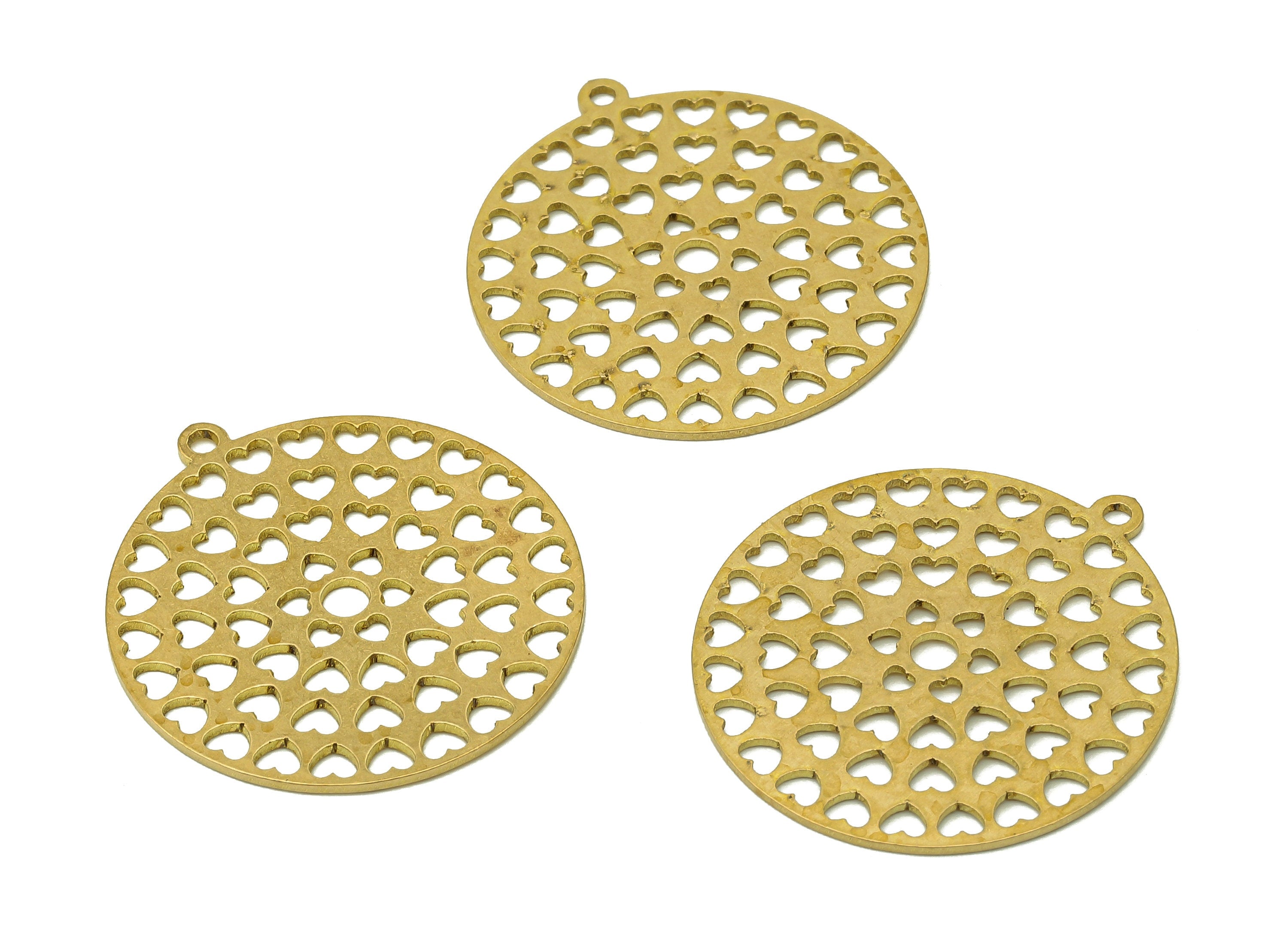 Brass Round Flower Earring Charm - Raw Brass Mini Heart Cutout Earring - Circle Pendant With Loop - For Necklace - 28x25.7x0.7mm - PPA6863 - DOMEDBAZAAR