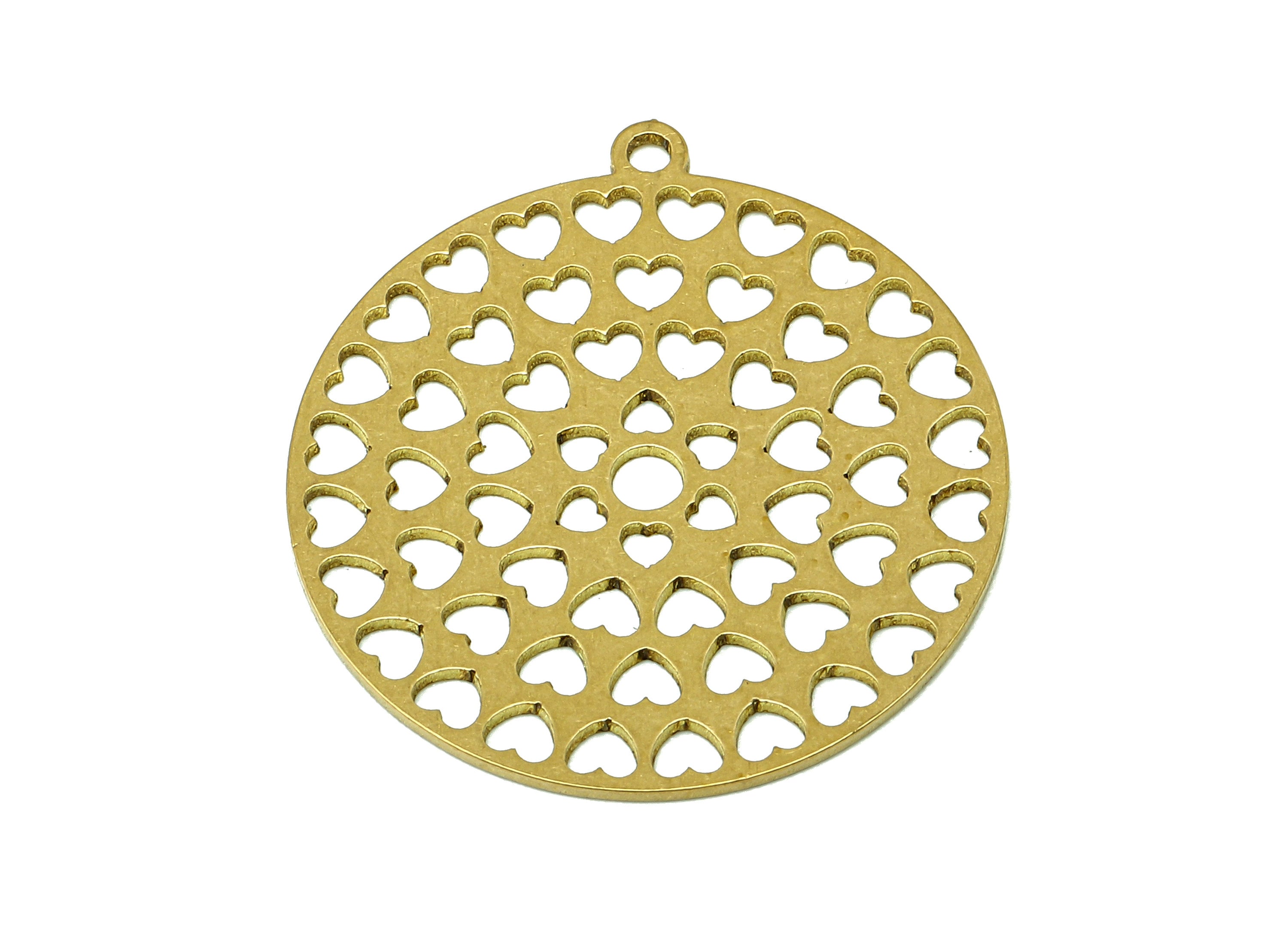 Brass Round Flower Earring Charm - Raw Brass Mini Heart Cutout Earring - Circle Pendant With Loop - For Necklace - 28x25.7x0.7mm - PPA6863 - DOMEDBAZAAR