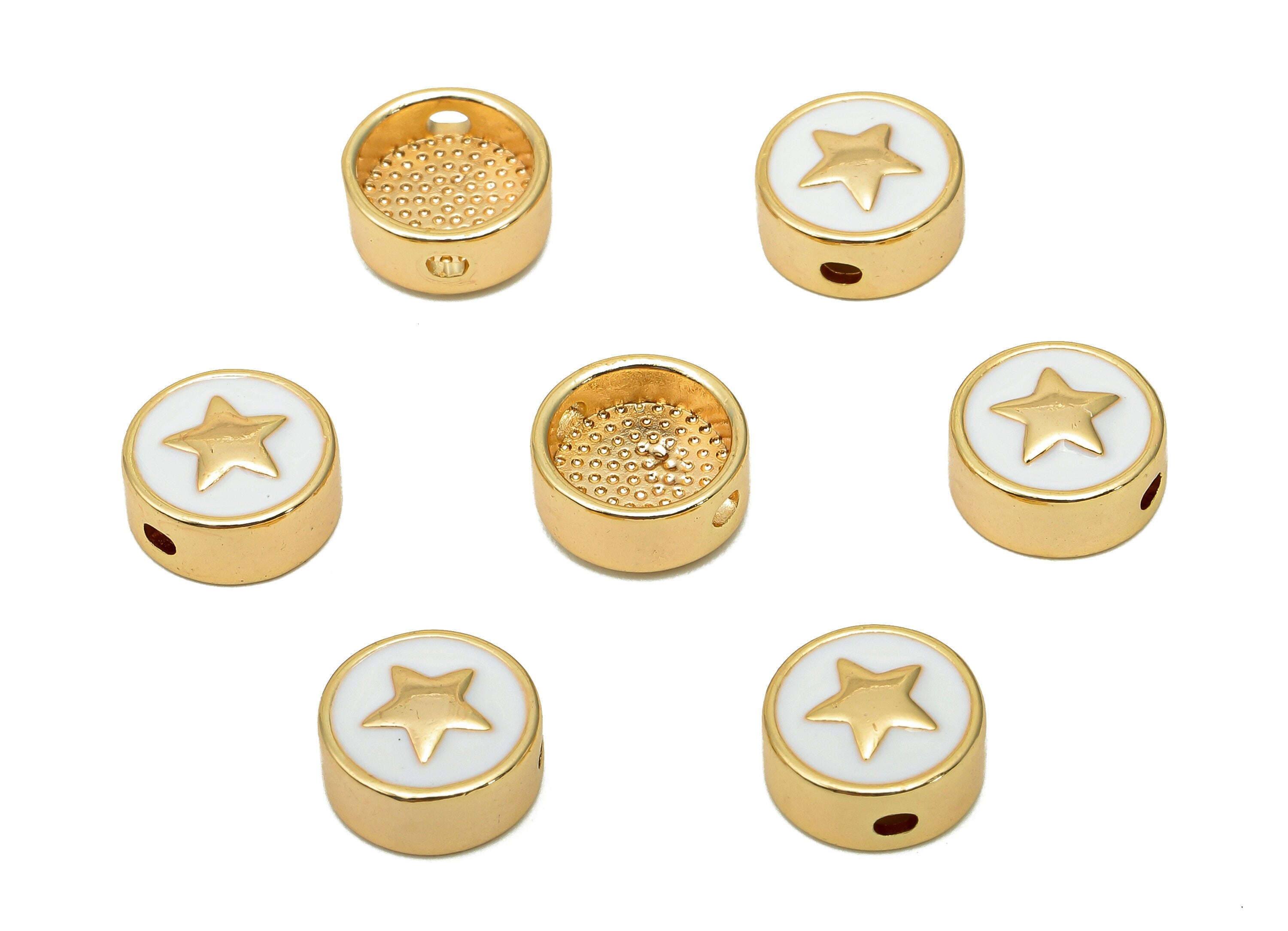 Brass Enamel Round Star Charm - Circle Spot Spacer Necklace - Dots Spacer Bracelet - 18K Real Gold Plating - 10.2x10.2x0.8mm - RGP5742A - DOMEDBAZAAR
