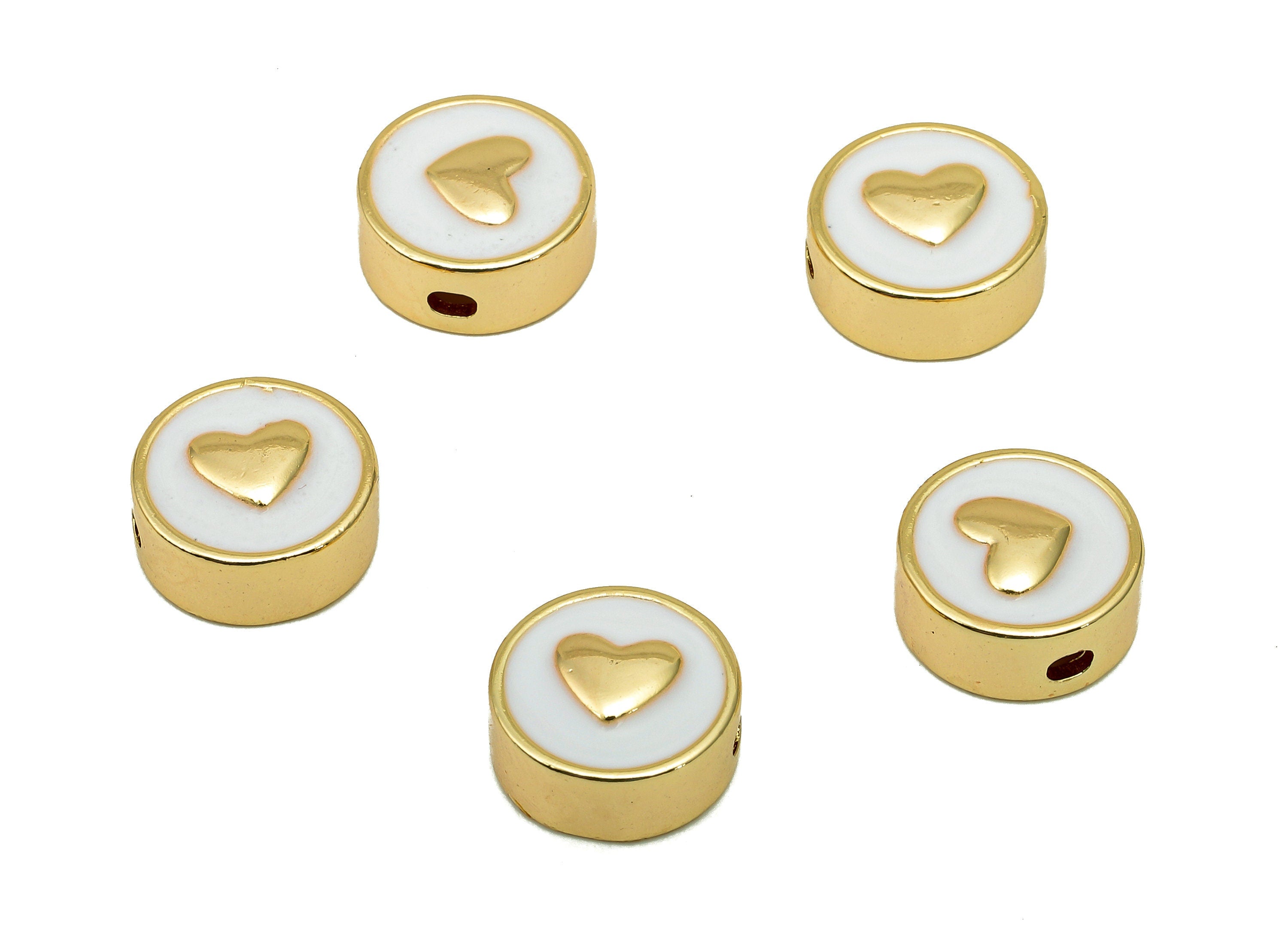 Brass Enamel Round Heart Charm - Circle Spot Spacer Necklace - Dots Spacer Bracelet - 18K Real Gold Plating - 10.2x10.2x0.8mm - RGP5742B - DOMEDBAZAAR