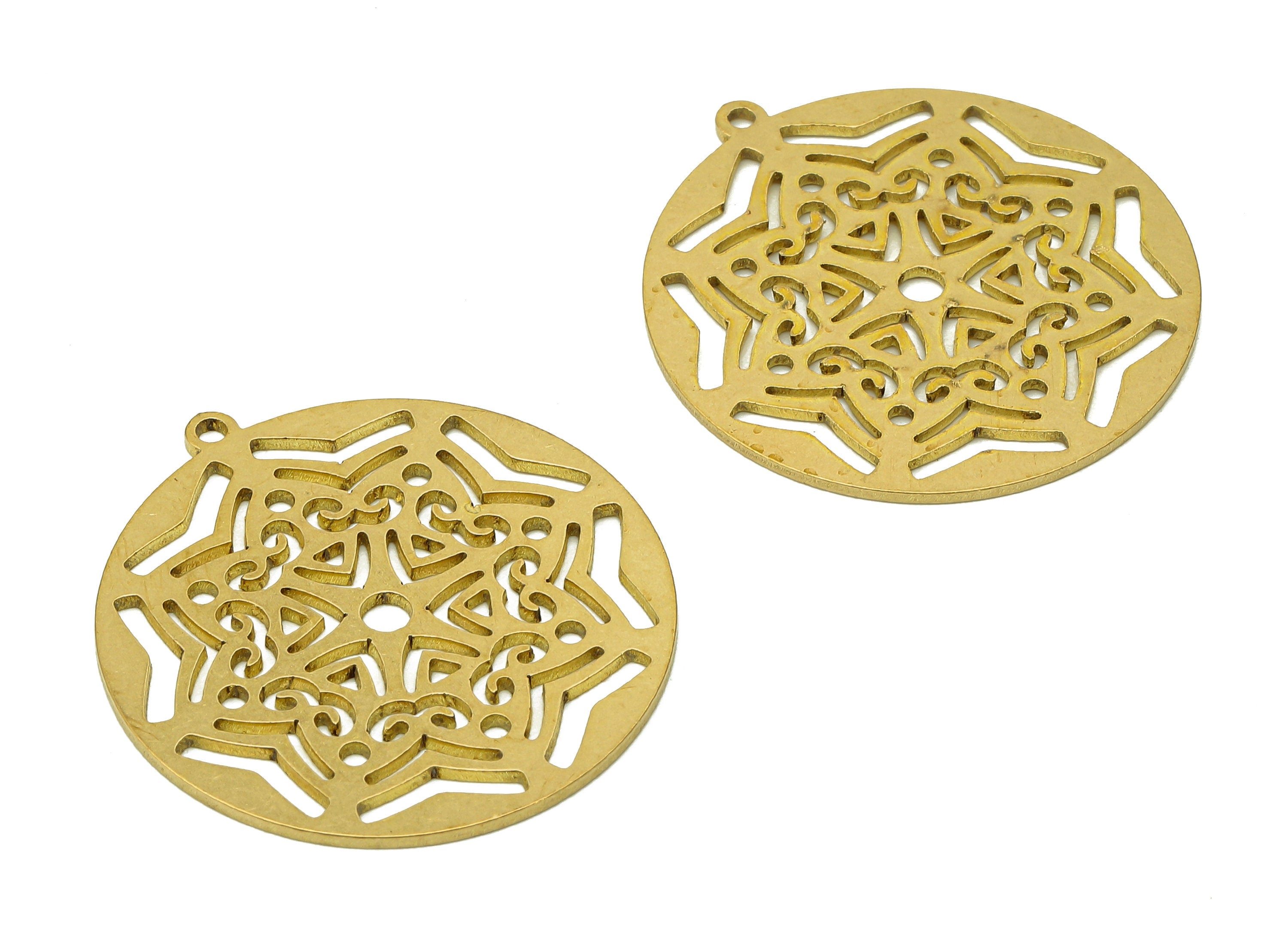 Brass Round Flower Earring Charms - Raw Brass Flower Cutout Earring - Circle Pendant With Loop - For Necklace - 31.8x29.6x0.9mm - PPA6884 - DOMEDBAZAAR
