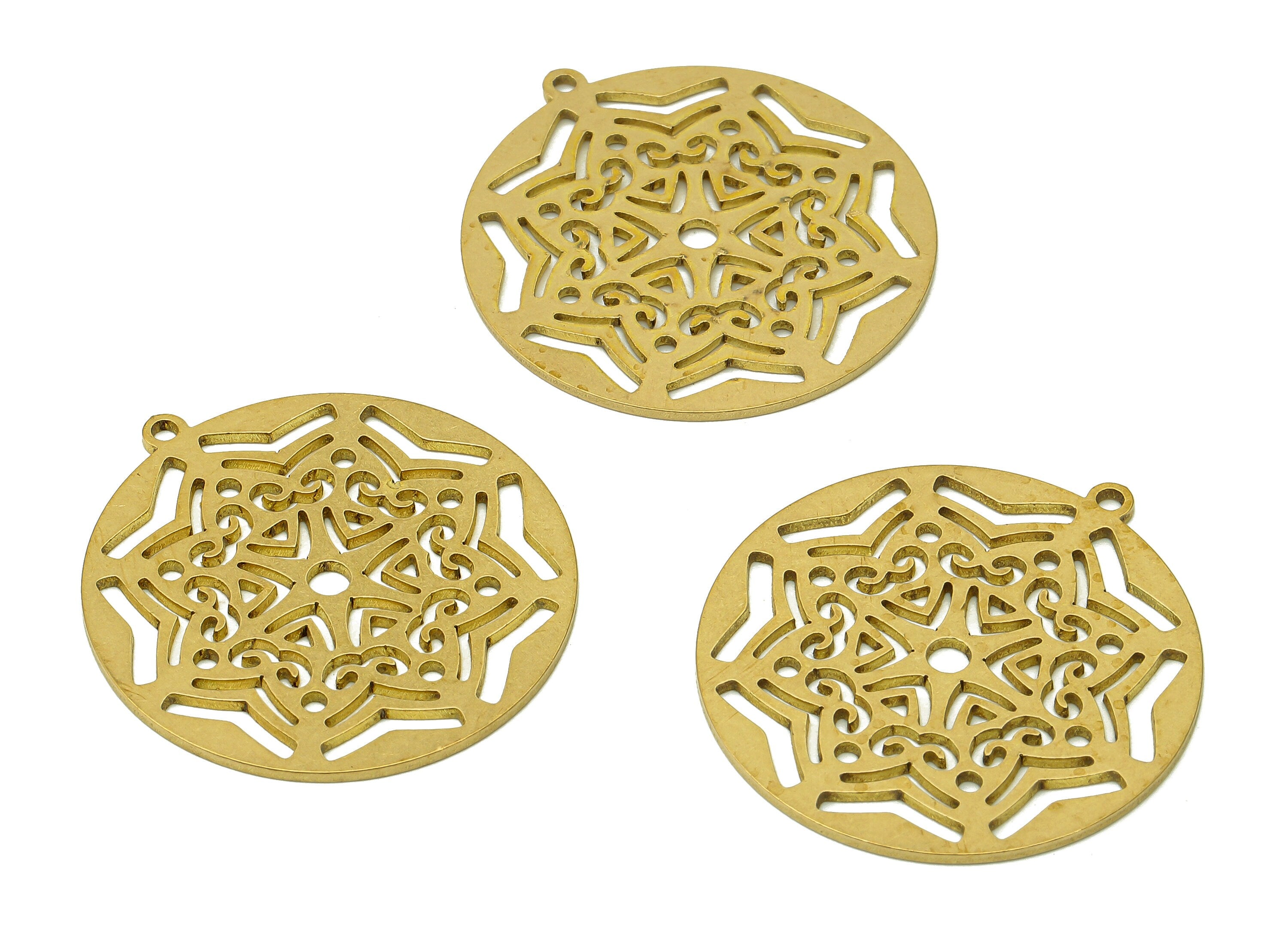 Brass Round Flower Earring Charms - Raw Brass Flower Cutout Earring - Circle Pendant With Loop - For Necklace - 31.8x29.6x0.9mm - PPA6884 - DOMEDBAZAAR