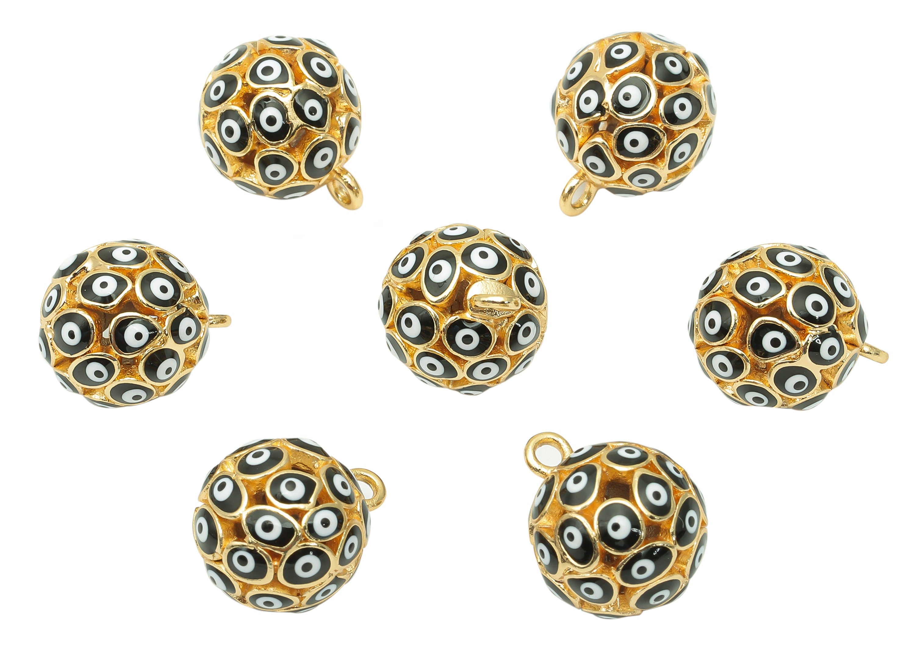 Brass Black Ball Eye Pendant - Enamel Hollow Ball Earring - Necklace Charm With Loop - 18K Real Gold Plating - 15.3x12.3x12.3mm - RGP5745A - DOMEDBAZAAR