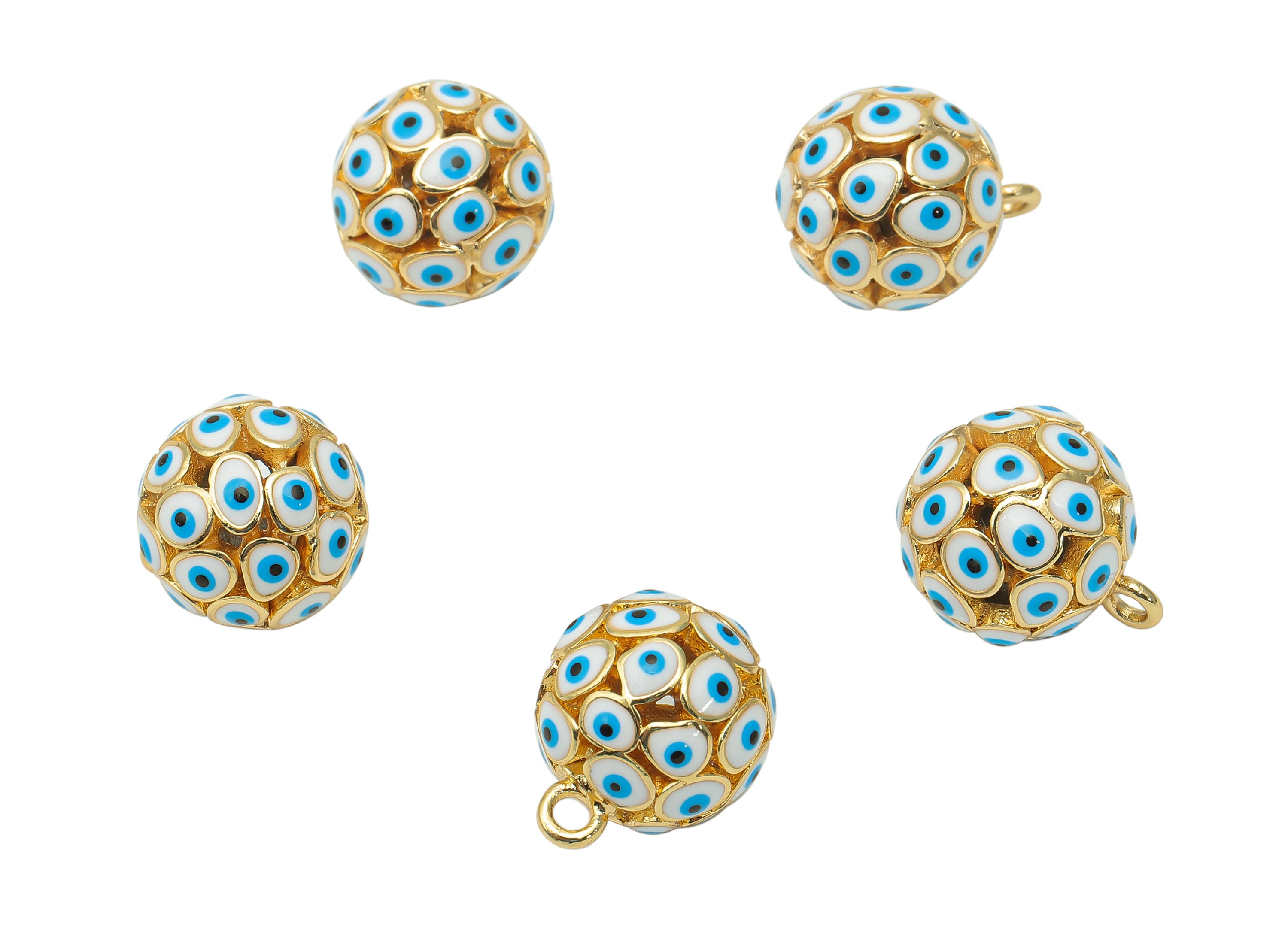 Brass White Ball Eye Pendant - Enamel Hollow Ball Earring - Necklace Charm With Loop - 18K Real Gold Plating - 15.3x12.3x12.3mm - RGP5745B - DOMEDBAZAAR