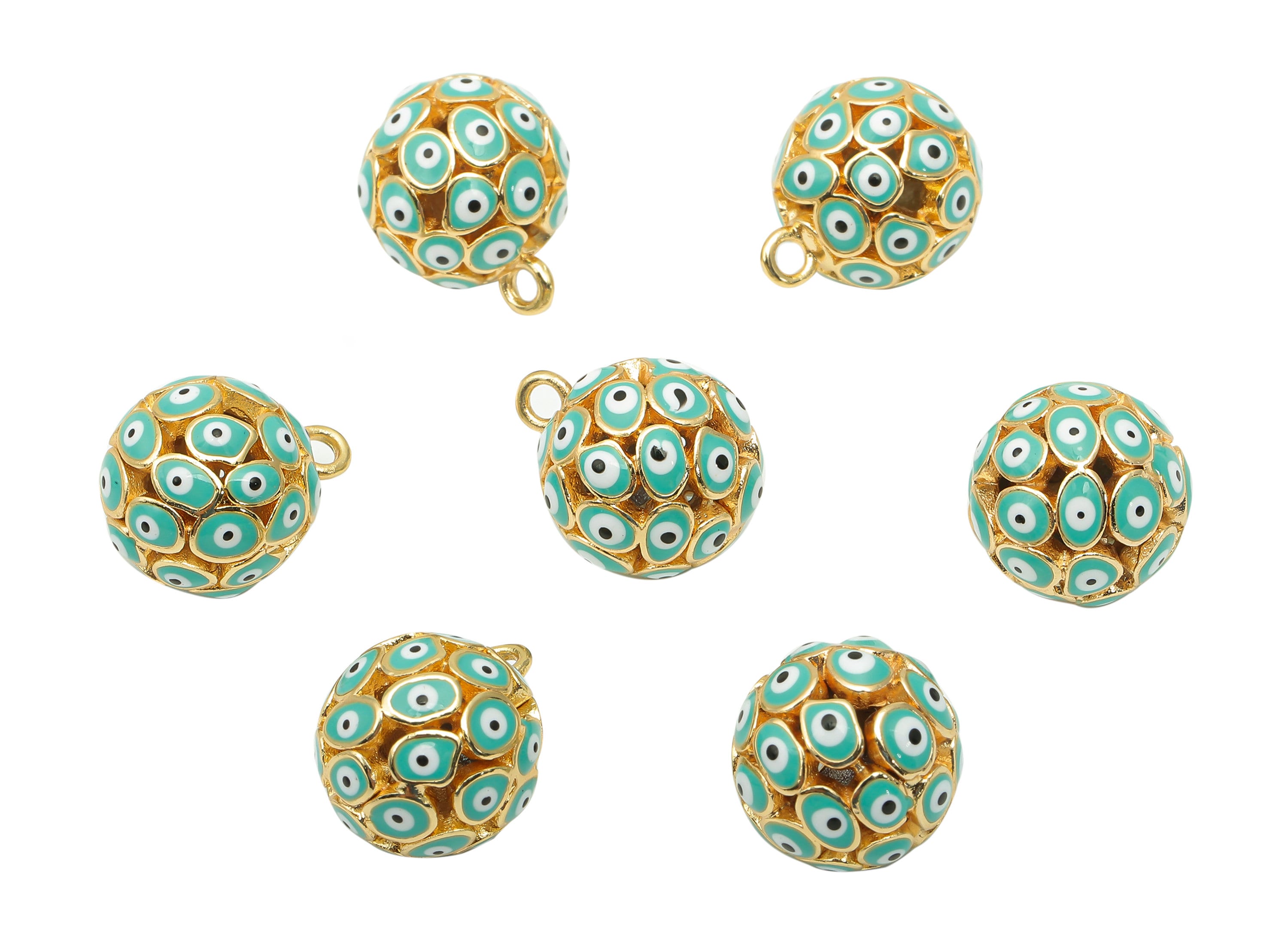 Brass Aqua Ball Eye Pendant - Enamel Hollow Ball Earring - Necklace Charm With Loop - 18K Real Gold Plating - 15.3x12.3x12.3mm - RGP5745C - DOMEDBAZAAR