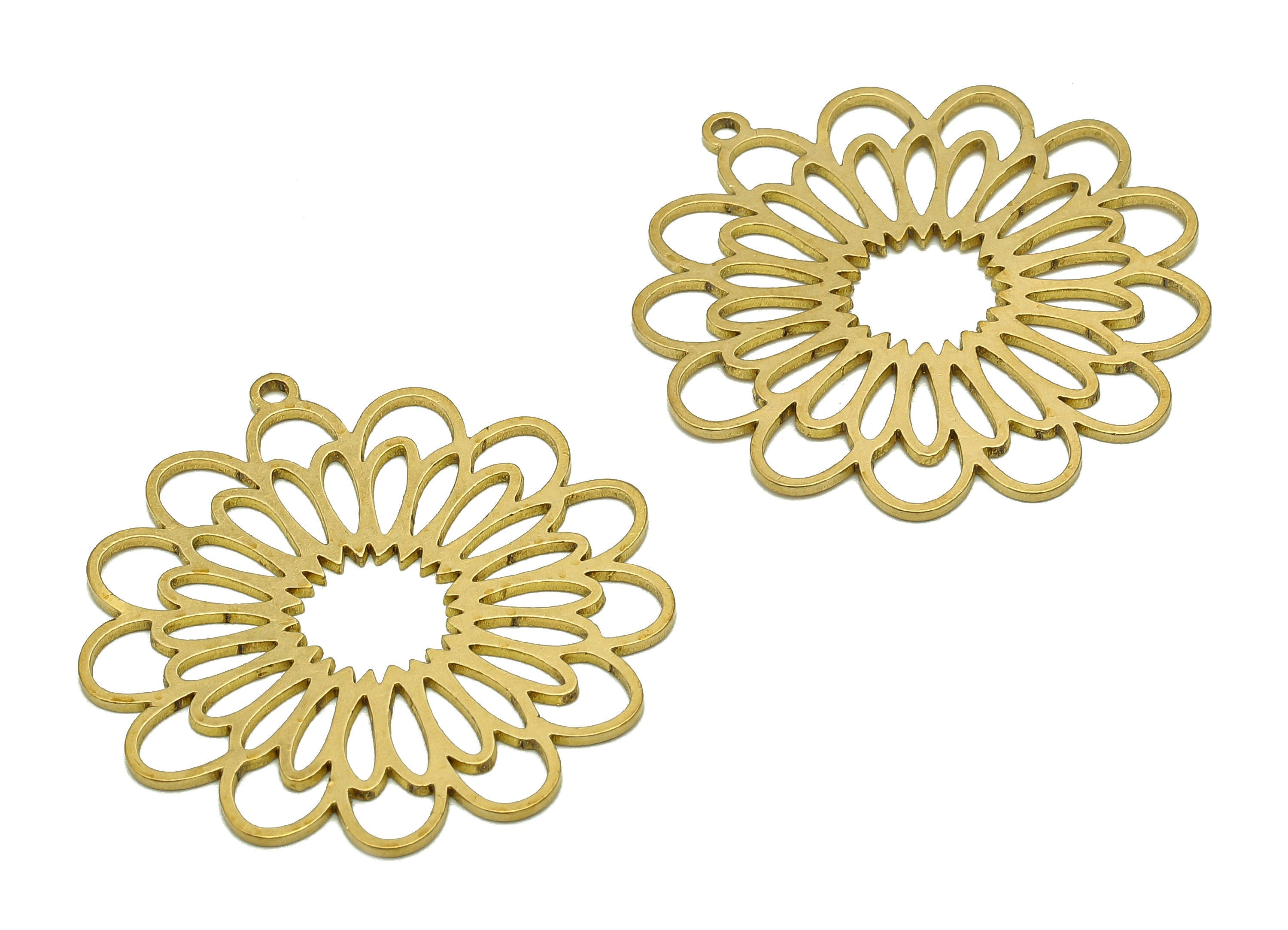 Brass Sunflower Earring Charms - Raw Brass Hollow Flower Earring - Botanical Pendant With Loop - For Necklace - 35x32.7x0.8mm - PPA6948 - DOMEDBAZAAR