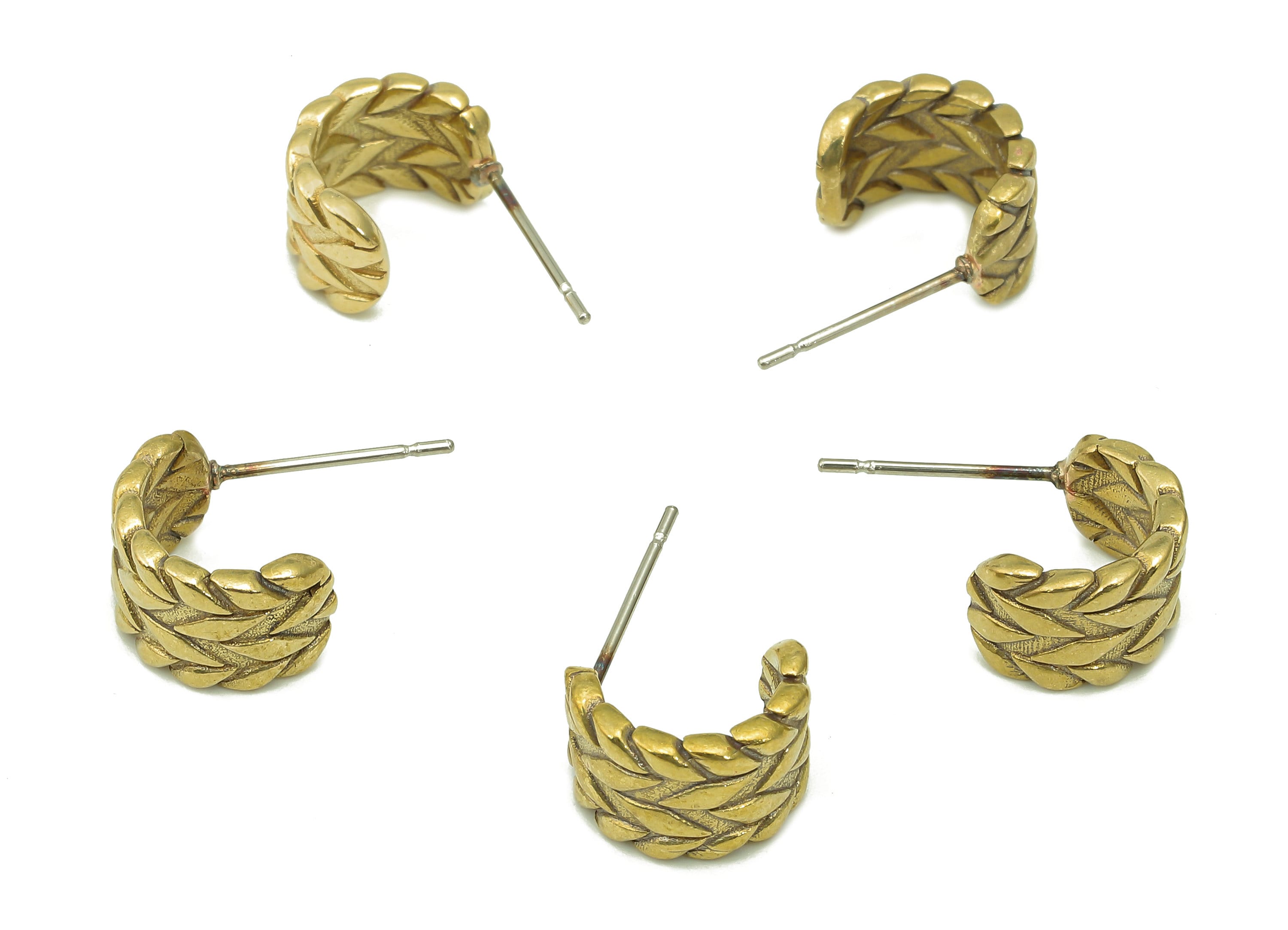 Brass Semicircle C Stud Earring - Raw Brass Leaf Textured Earring Post - Wide Earring Stud - 316 Stainless Steel - 11.5x8.3x1.8mm - PP8101 - DOMEDBAZAAR