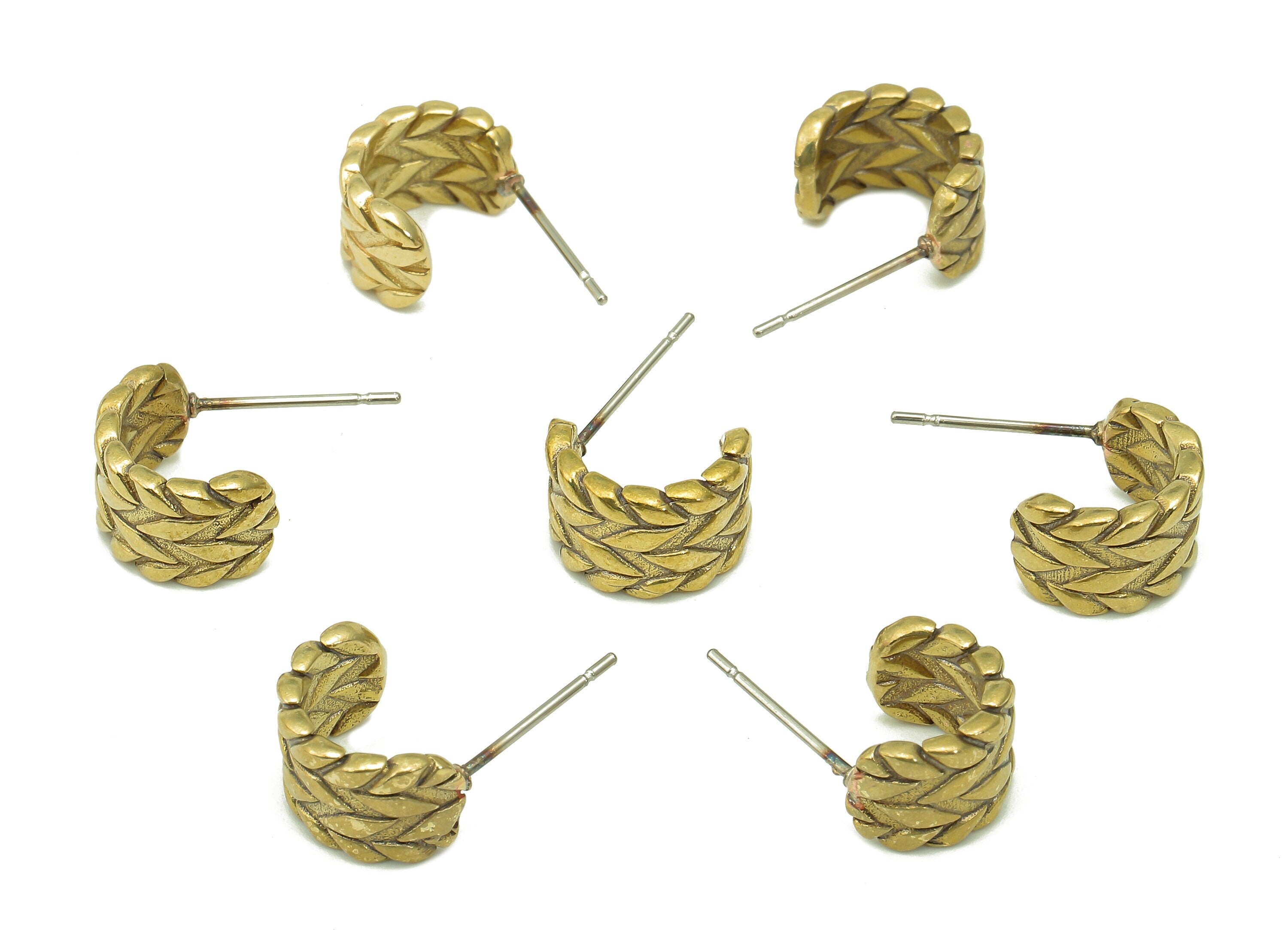 Brass Semicircle C Stud Earring - Raw Brass Leaf Textured Earring Post - Wide Earring Stud - 316 Stainless Steel - 11.5x8.3x1.8mm - PP8101 - DOMEDBAZAAR