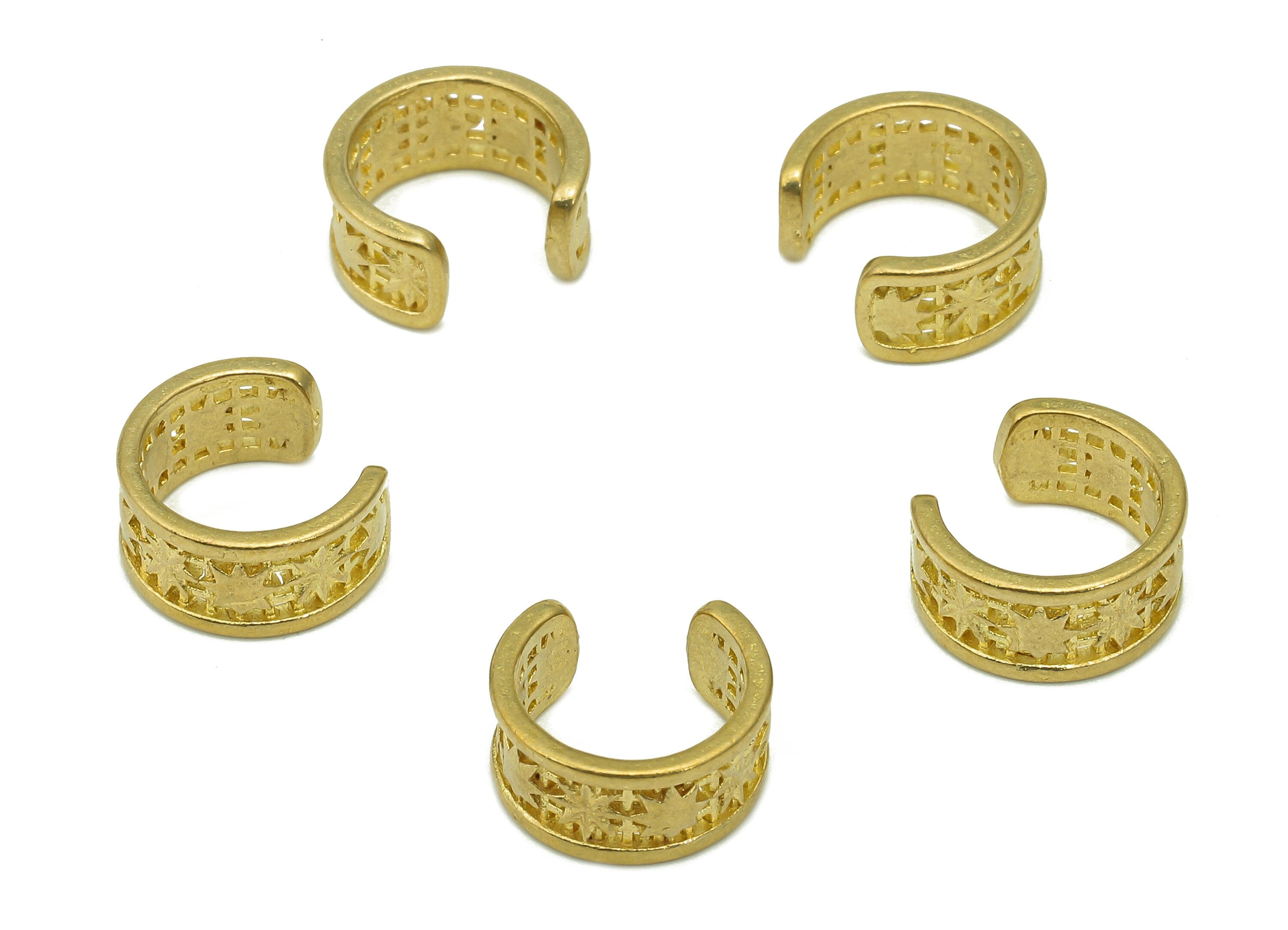 Brass  Open Round C Ring - Raw Brass Circle Cuff Ear - Hoop Hollow  Ear Clip - Wide Star Textured Earring Cuff - 11.38x10.39x1.01mm - PP8104 - DOMEDBAZAAR