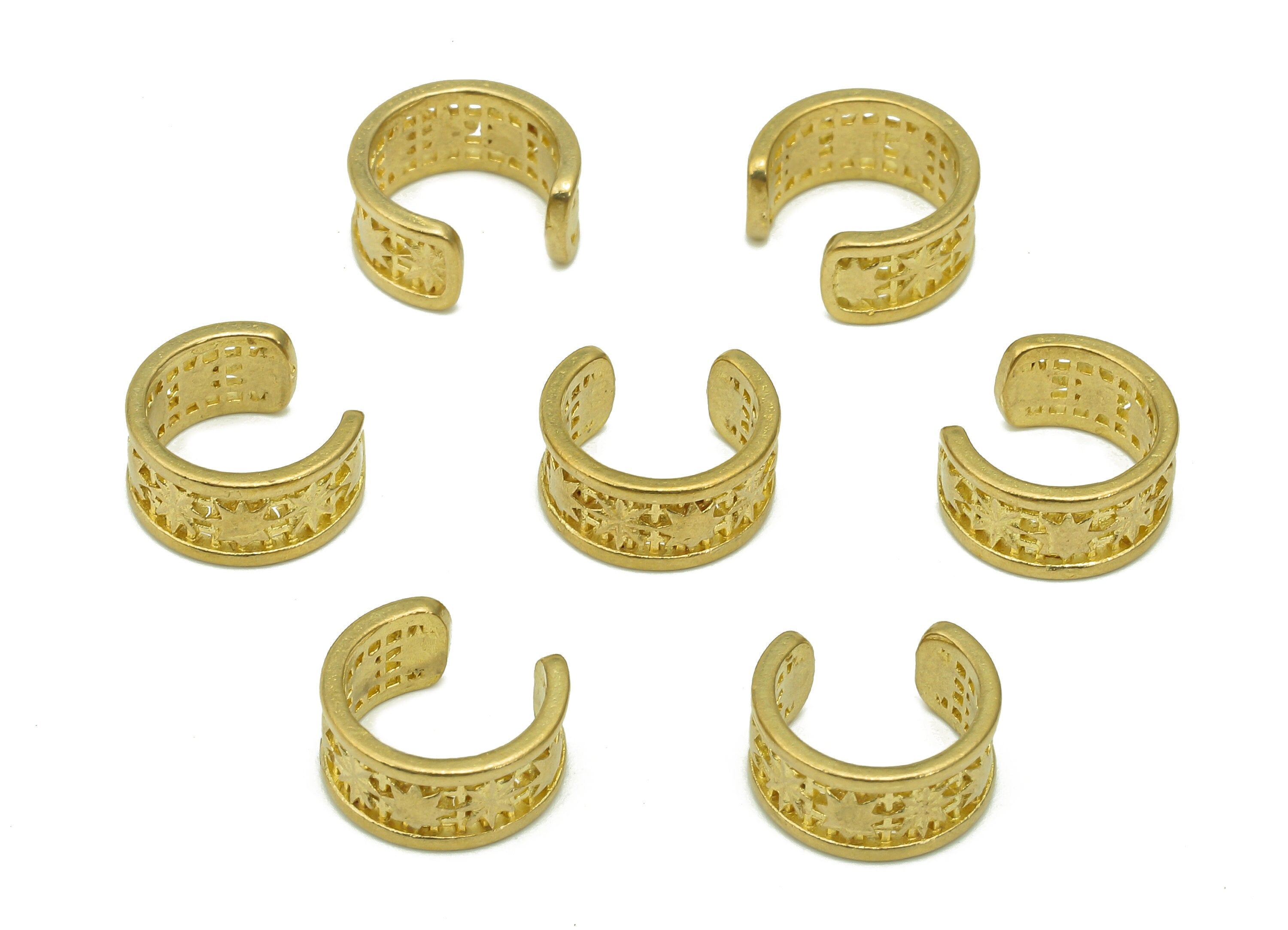 Brass  Open Round C Ring - Raw Brass Circle Cuff Ear - Hoop Hollow  Ear Clip - Wide Star Textured Earring Cuff - 11.38x10.39x1.01mm - PP8104 - DOMEDBAZAAR