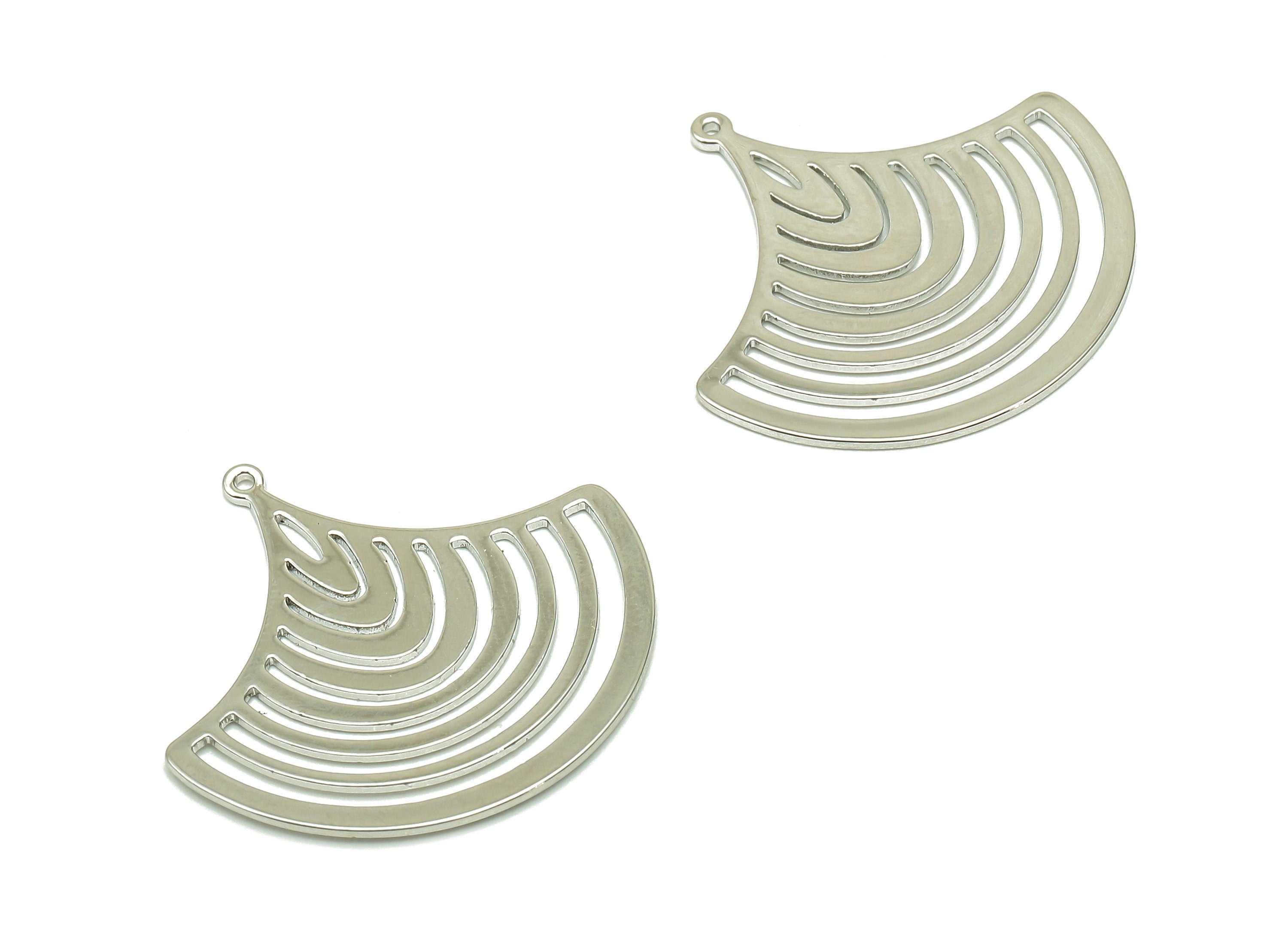 Brass Ginkgo Earring Charm - Sector Hollow Pendant With Loop - Fan Charm For Necklace - 18K Real White Gold Plating-25.2x26.6x0.6mm-RGP5757S - DOMEDBAZAAR